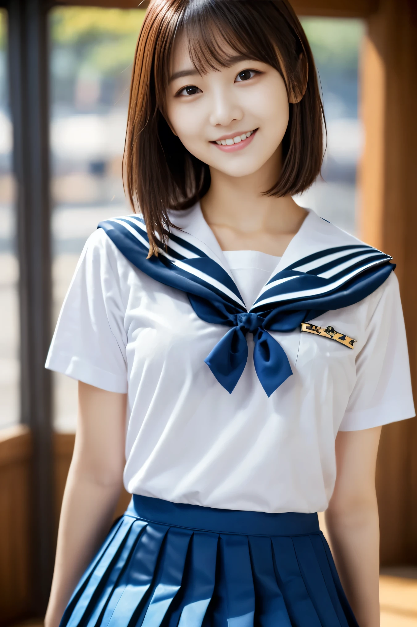 bust shot, sailor suit, school uniform, perfect beautiful prague beautiful girl, smile, shiny shiny white glossy skin with sparkle firmness, bangs between eyes, very long and straight beautiful platinum blonde, super long straight hair, eyeliner, sexy and beautiful , clear beautiful light blue big eyes, beautiful and bright girl