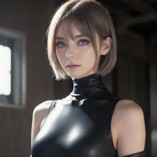 high quality masterpiece, photorealistic anime style, japanese animation shot of an attractive and tiny but rude 2B from Nier Automata video game, sensual atlethic body, firm medium bust, wide thighs, advanced detailed in her feminine and beatiful face features, cabello mojado, ropa sucia, mundo post-apocaliptico