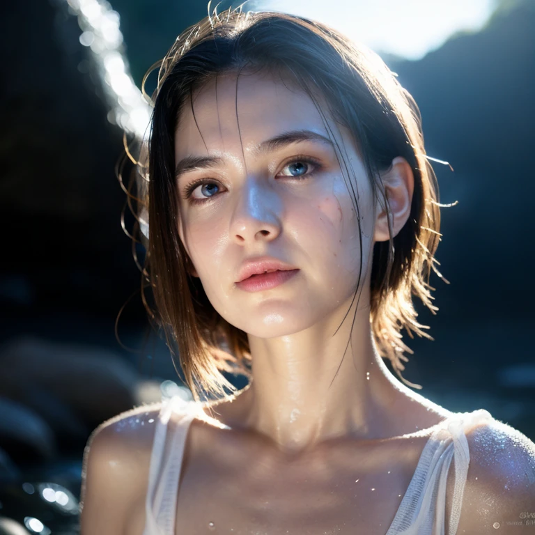 Night scene, close-up photo of Galadriel, small , bathing near the waterfall, body soaked in water, lean cheeks, (sharp ears:1.2), wet hair, chin up, face, no bra, stones, pure water, cleavage show, water on the body, realistic pores on the body, look up at the sky and smile, black ponytail hair, (blue eyes: 0.8), beautiful adult face, 20 yo, soft volumetric lights, (backlit: 1.3), (cinematic: 1.3), intricate details, (ArtStation: 1.2)