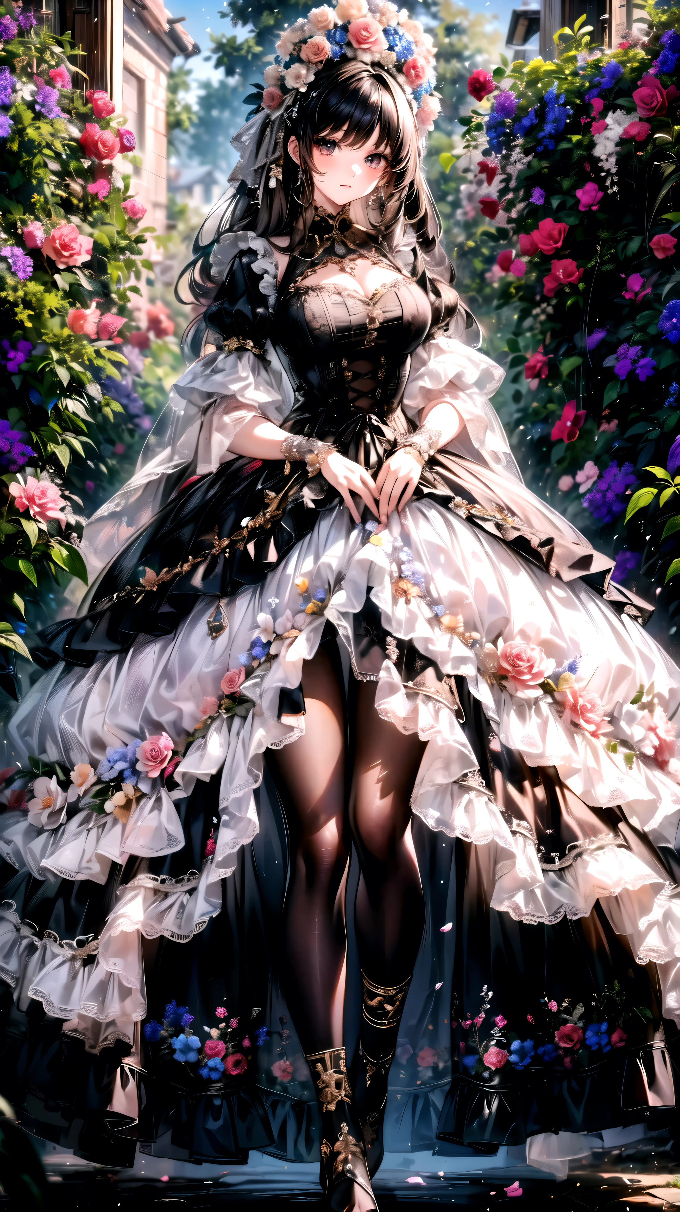 whole body, black pantyhose , skirt , is standing, Flower Field, ((Superbly detailed drawing, ultra detailed, exquisite quality, absolutely resolution)),
