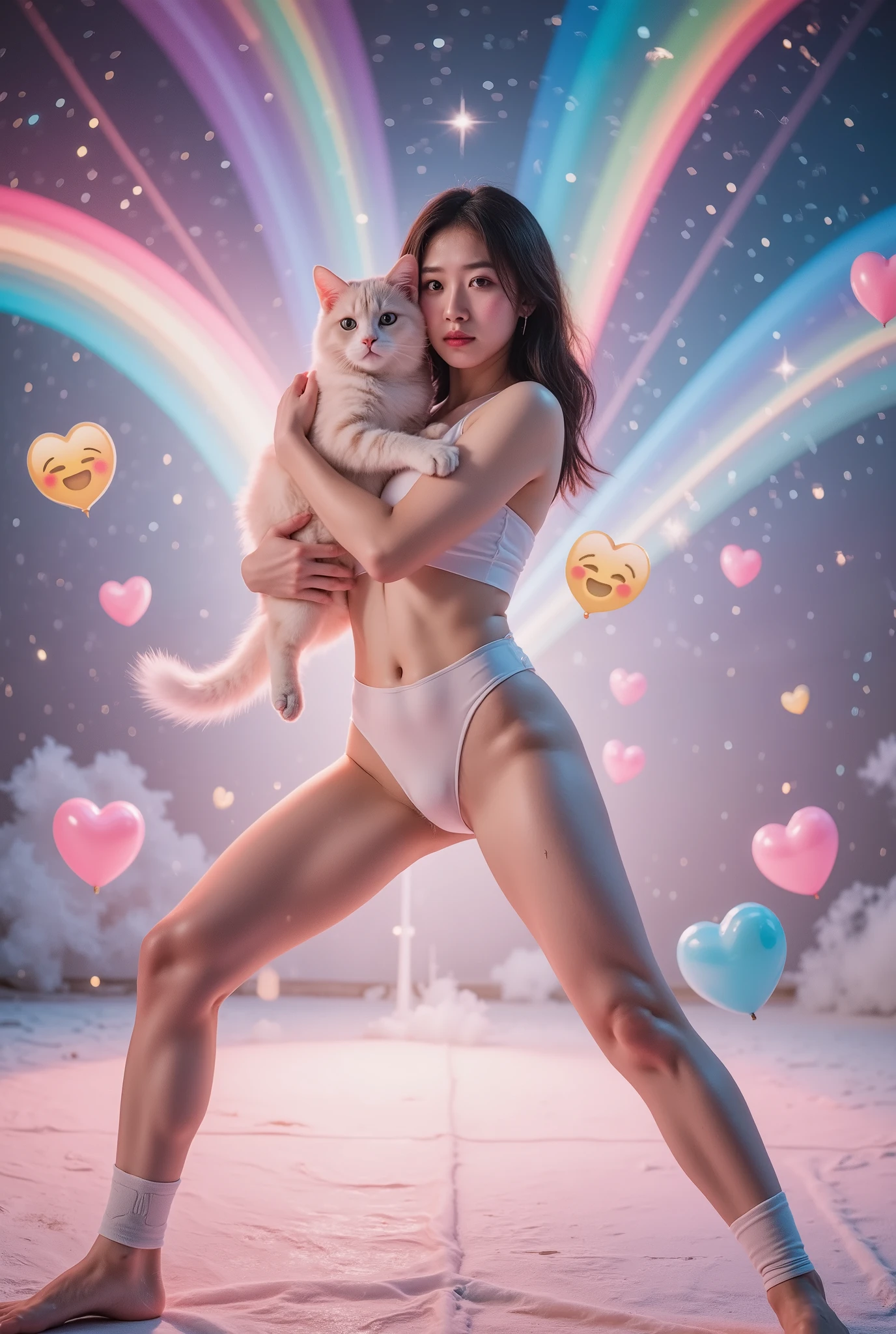 (((((站立split))))), Transparent leggings , a pink space navy holding a cat, cute fantasy background , rainbow, Spread love emoji pack , x holding y , Double Exposure , laser background or space background , photo, helmet