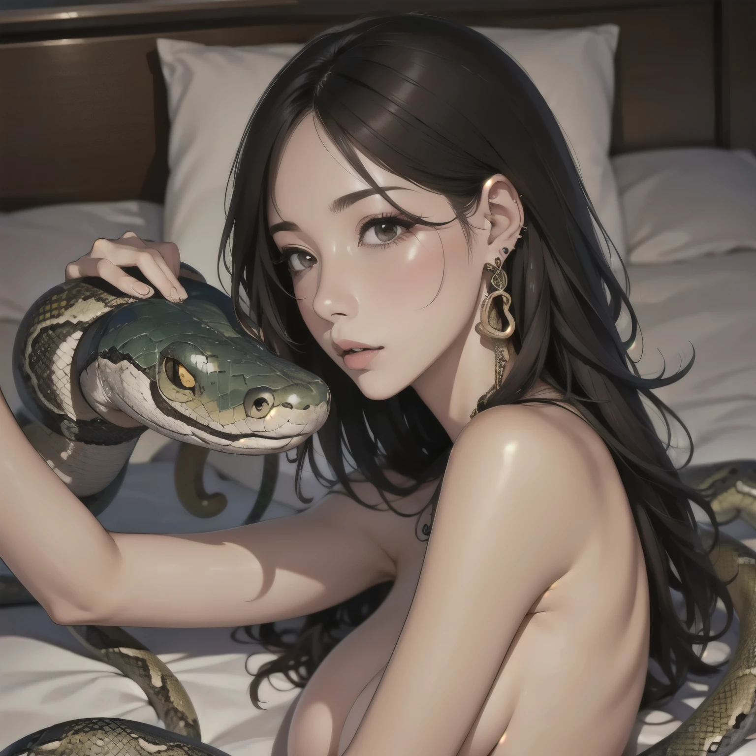 (Close up of earrings in the shape of a snake:1.5)、Fair-skinned woman、 tall、adult、30s、Unique hair colors and hairstyles、 lying on the bed、Sleep on a pillow、 Long, Disheveled Hair 、