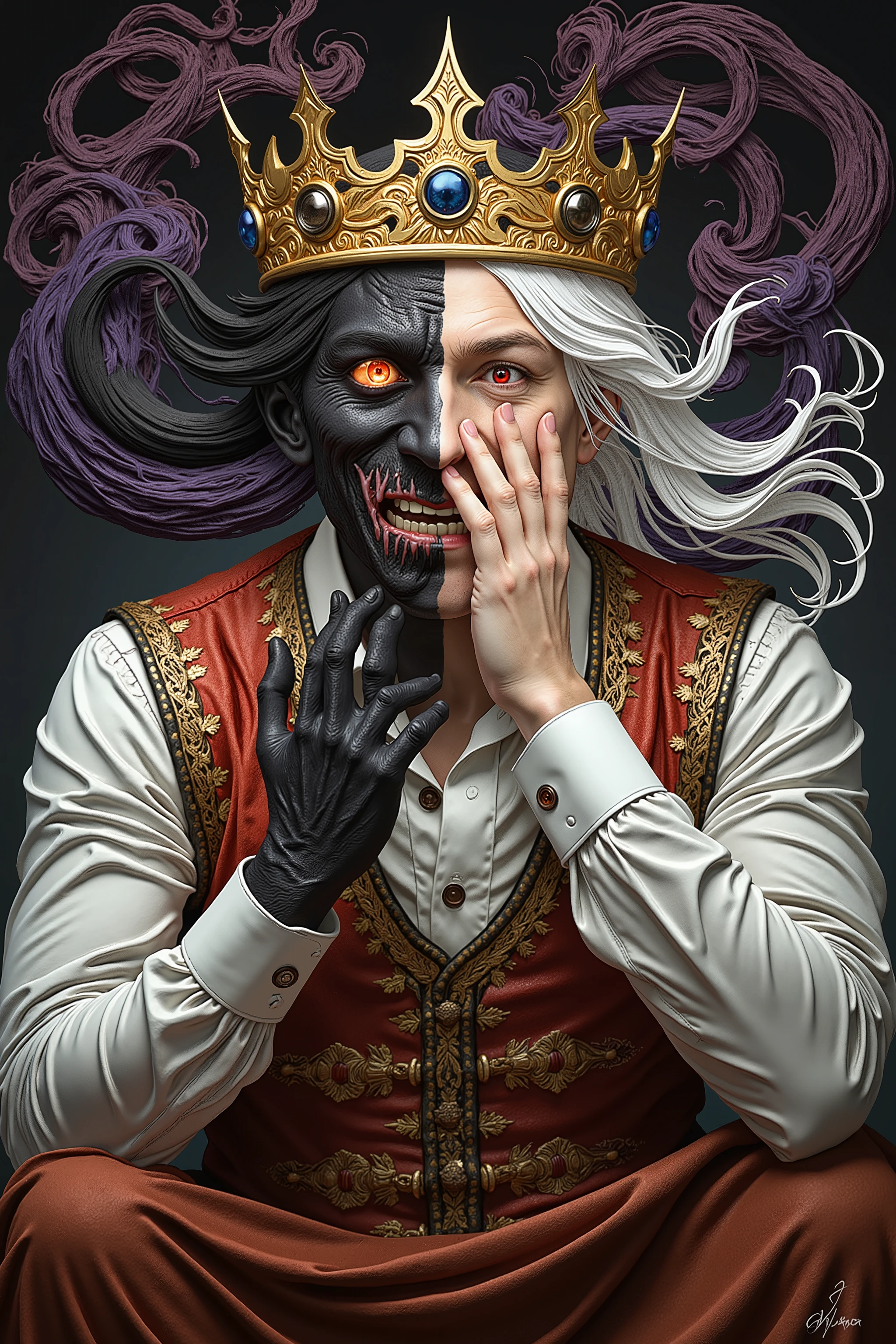 masterpiece, best quality, ultra-detailed, photorealistic depiction of a mysterious, otherworldly figure with a split appearance. The left side of his body is dark and demonic, with jet-black skin, sharp horns, and a glowing, fiery red eye that pierces through the shadowy atmosphere. The texture of his blackened skin is intricate, with subtle ridges and lines showing the depth of his demonic transformation. His right side, in stark contrast, is human, with pale white skin, a bright red eye, and flowing white hair that falls over his face in soft strands. His expression is intense and filled with dark power, and the emotion in his eyes is captured with photorealistic precision. A golden crown sits atop his head, its metallic surface catching the faint light from the swirling energy around him, with intricate detailing on each point of the crown, giving it a regal yet ominous appearance. His left hand, blackened and clawed, is raised to his face, as if concealing his expression, while tendrils of dark, purple and blue energy swirl around him, giving the sense that he is controlling some dark, ethereal force. The lighting in the scene is dramatic, with the dark side of his body cast in deep shadow, while the pale side is illuminated by a soft, eerie glow from the swirling energy. The contrast between the light and dark sides of his body is stark, emphasizing the duality of his nature. His clothing, a formal vest with intricate embroidery, reflects the light in subtle ways, showing the detailed textures of the fabric. The entire composition exudes power and mystery, with every element meticulously crafted to create a sense of foreboding and supernatural strength.