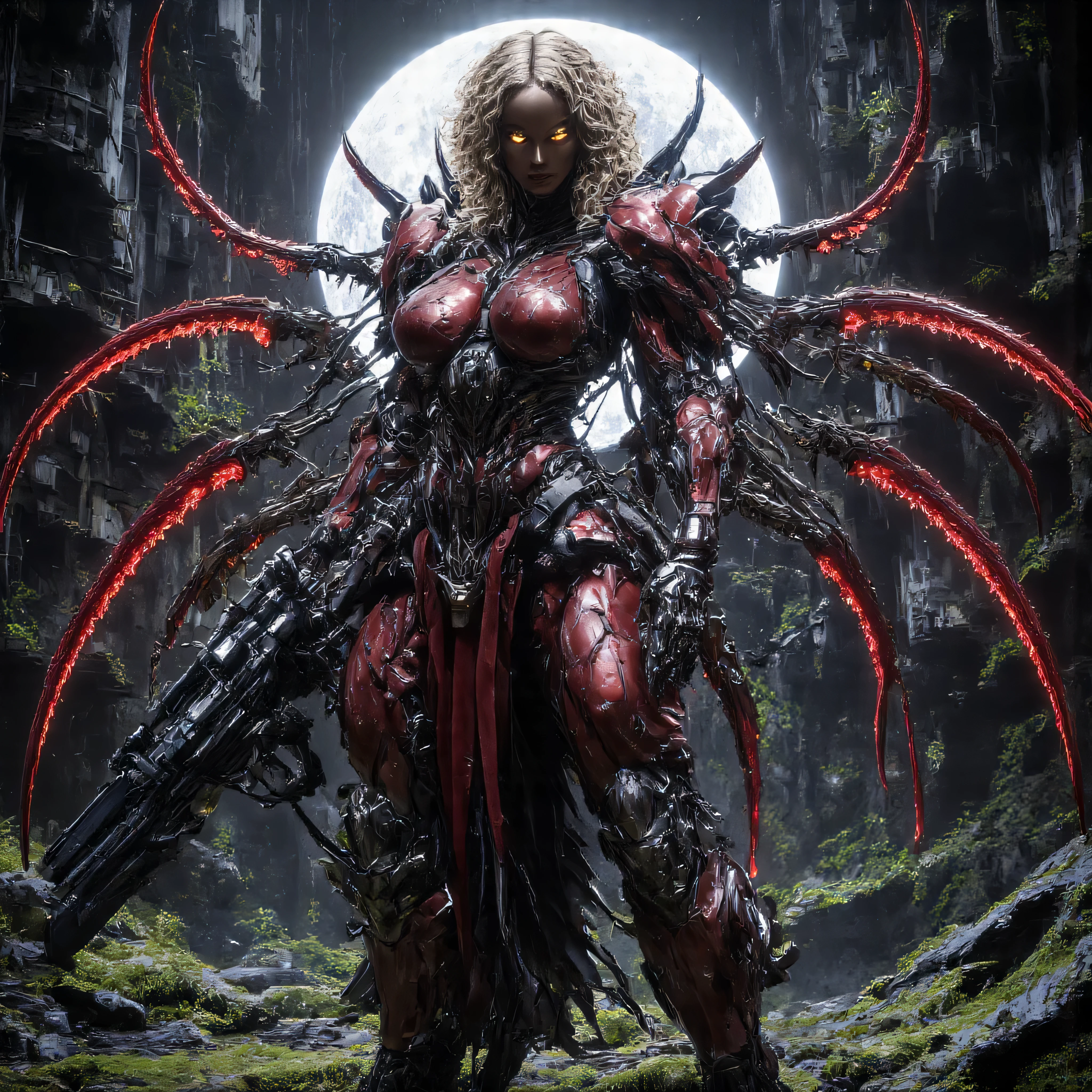 ((best quality)), (detailed), 1 japanese pornstar women fighter, 8k_wallpaper, extremely detailed eyes, (large masterpiece digital art), (intricate details:1.3 ), (ultra-detailed:1.3), (sharp focus:1.3), (natural lighting:1.05), (vivid colors:1.3), (best quality:1.4), expressive eyes, full body, detailed face, beautiful face, perfect face, ((blonde lush and thick curly hair)), (gold eyes), {{dark bronze skin}}, ({dark bronze skinned female}), (big breasts), huge chest, big wide ass, powerful relief muscles of the abdomen and legs, powerful strong muscles of the arms, Full body shot,Magical girl, Monster girl, Heterochromia, Highlights, Mechanical prosthesis, Martin boots, Chinese style, cyber monster girl Musume, she's wearing steel heavy armor of an amphibious cyber stormtrooper in the style of a steel dark red rhinoceros beetle with a dozen thin and flexible tails with cyber tips on the ends, heavy cyber armor in the style of a blue-black stag beetle, stormtrooper porn bitch, she smiles predatorily while a -mucus flows out of her mouth and runs down her chin, steel leather gloves, behind a backpack and an assault cyberpunk rifle, a wide red belt on which hangs a cyber walkie-talkie, heavy black boots, walking along a night street among the ruins of an old city overgrown with moss and vegetation under the cold lighting of the moon, ultra-realism, cinematics, 16k HD quality, post-apocalyptic, cyberpunk, dark and violent fantasy,