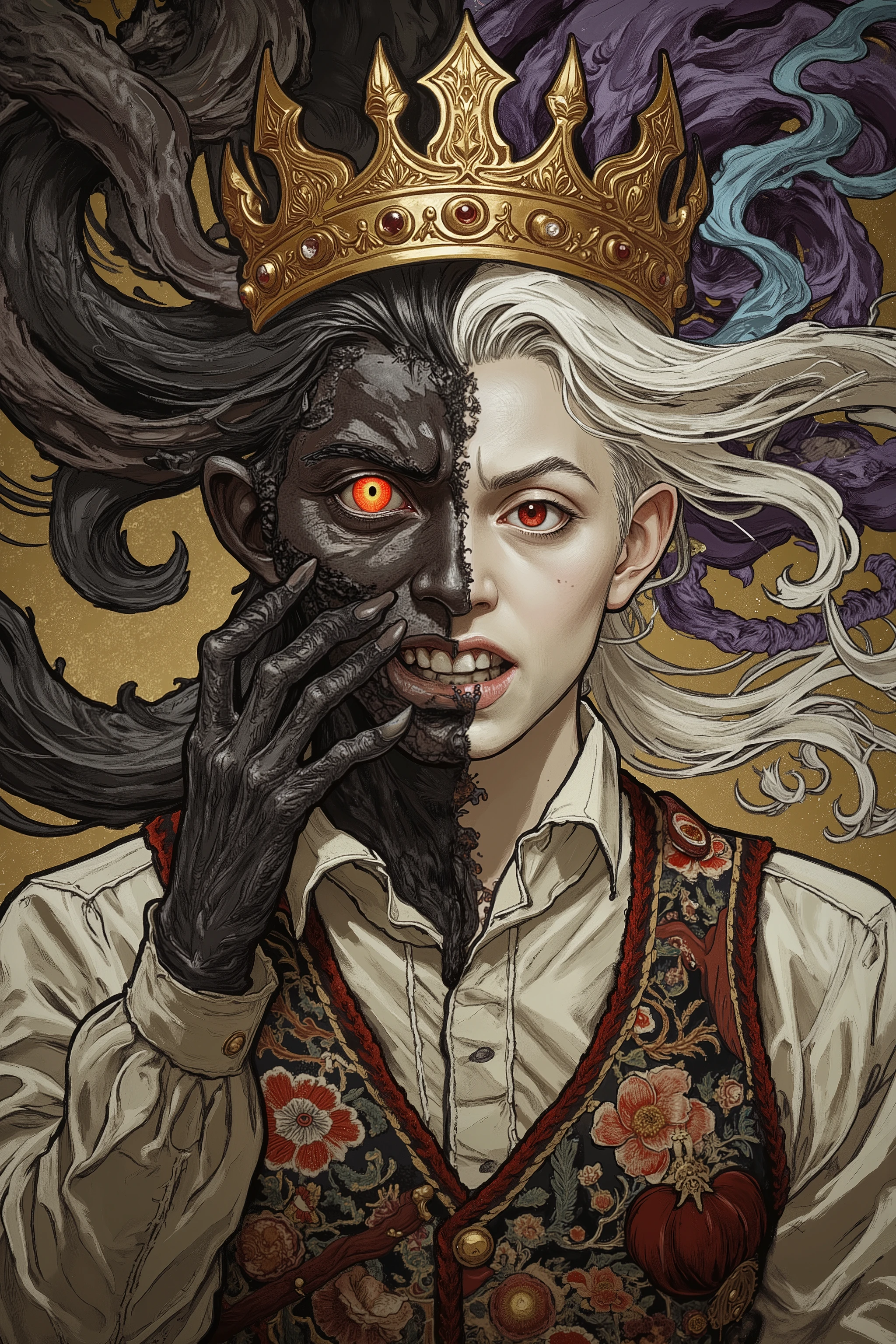 masterpiece, best quality, ultra-detailed, photorealistic depiction of a mysterious, otherworldly figure with a split appearance. The left side of his body is dark and demonic, with jet-black skin, sharp horns, and a glowing, fiery red eye that pierces through the shadowy atmosphere. The texture of his blackened skin is intricate, with subtle ridges and lines showing the depth of his demonic transformation. His right side, in stark contrast, is human, with pale white skin, a bright red eye, and flowing white hair that falls over his face in soft strands. His expression is intense and filled with dark power, and the emotion in his eyes is captured with photorealistic precision. A golden crown sits atop his head, its metallic surface catching the faint light from the swirling energy around him, with intricate detailing on each point of the crown, giving it a regal yet ominous appearance. His left hand, blackened and clawed, is raised to his face, as if concealing his expression, while tendrils of dark, purple and blue energy swirl around him, giving the sense that he is controlling some dark, ethereal force. The lighting in the scene is dramatic, with the dark side of his body cast in deep shadow, while the pale side is illuminated by a soft, eerie glow from the swirling energy. The contrast between the light and dark sides of his body is stark, emphasizing the duality of his nature. His clothing, a formal vest with intricate embroidery, reflects the light in subtle ways, showing the detailed textures of the fabric. The entire composition exudes power and mystery, with every element meticulously crafted to create a sense of foreboding and supernatural strength.