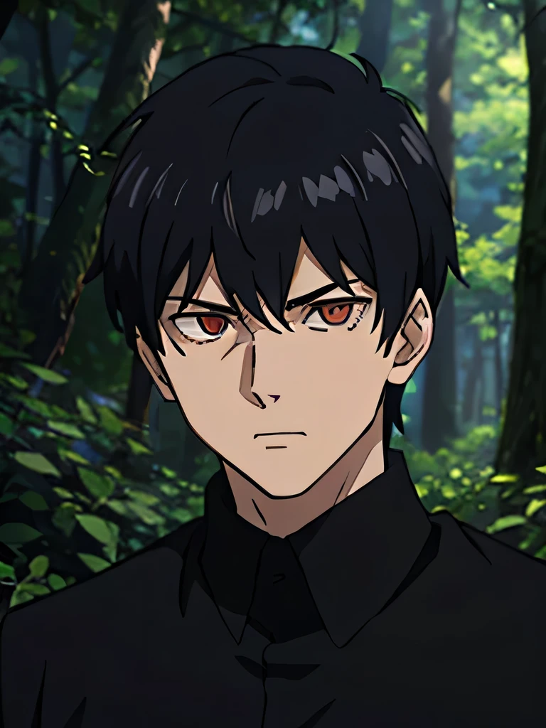 20 year old man , bear , strong , tough , black hair color , red eye color, wearing black shirt , wearing black robes, Clever, front facing , anime, HD, manipulatif, Criminals , cunning , vampire man , wearing black blazer , cruel , strategist , forest background, evil laughing face