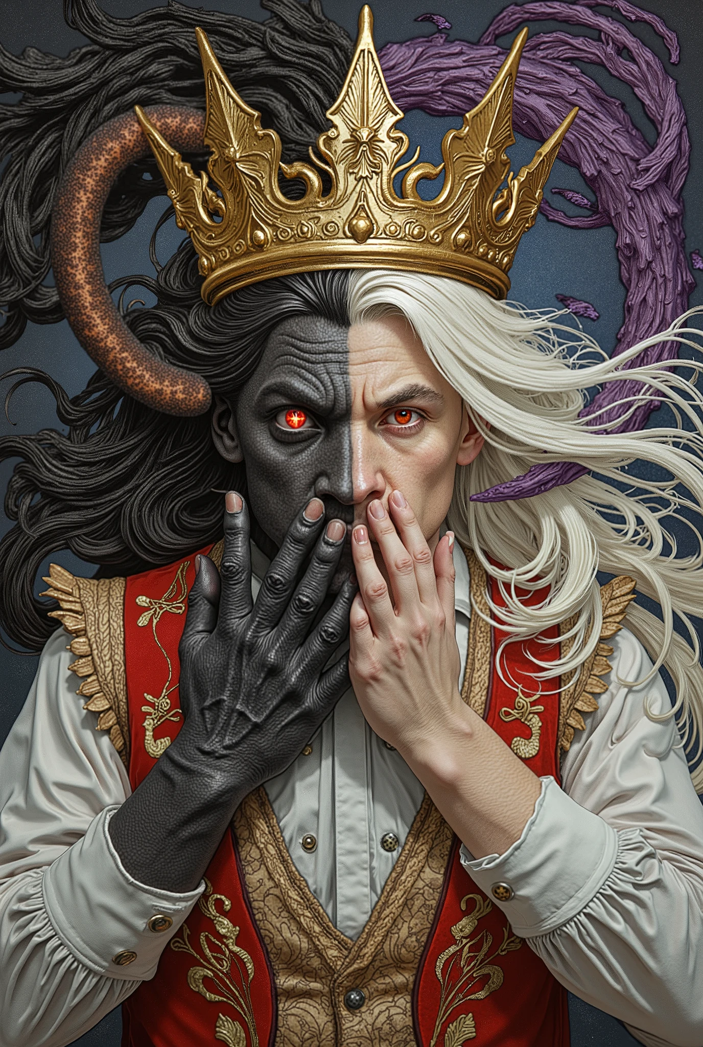 masterpiece, best quality, ultra-detailed, photorealistic depiction of a mysterious, otherworldly figure with a split appearance. The left side of his body is dark and demonic, with jet-black skin, sharp horns, and a glowing, fiery red eye that pierces through the shadowy atmosphere. The texture of his blackened skin is intricate, with subtle ridges and lines showing the depth of his demonic transformation. His right side, in stark contrast, is human, with pale white skin, a bright red eye, and flowing white hair that falls over his face in soft strands. His expression is intense and filled with dark power, and the emotion in his eyes is captured with photorealistic precision. A golden crown sits atop his head, its metallic surface catching the faint light from the swirling energy around him, with intricate detailing on each point of the crown, giving it a regal yet ominous appearance. His left hand, blackened and clawed, is raised to his face, as if concealing his expression, while tendrils of dark, purple and blue energy swirl around him, giving the sense that he is controlling some dark, ethereal force. The lighting in the scene is dramatic, with the dark side of his body cast in deep shadow, while the pale side is illuminated by a soft, eerie glow from the swirling energy. The contrast between the light and dark sides of his body is stark, emphasizing the duality of his nature. His clothing, a formal vest with intricate embroidery, reflects the light in subtle ways, showing the detailed textures of the fabric. The entire composition exudes power and mystery, with every element meticulously crafted to create a sense of foreboding and supernatural strength.