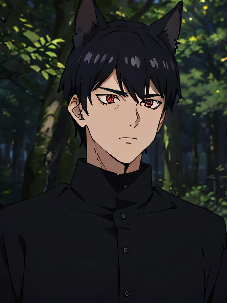 20 year old man , has large high-bodied , strong , tough , black hair color , red eye color, wearing a black shirt, wearing black robes, Clever, front facing , anime, HD, manipulatif, Criminals , cunning , wearing black blazer , cruel , strategist , forest background, evil laughing face , has bat ears