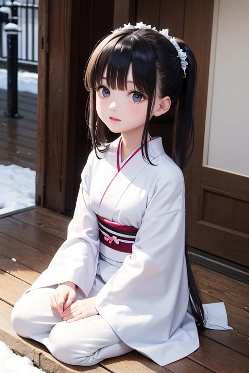 1girl,kawaii,white kimono,black eyes,thick eyebrows,black long hair,blunt bangs,looking at viewer,snow scenery, ultra detail, realistic, 70mm lens,