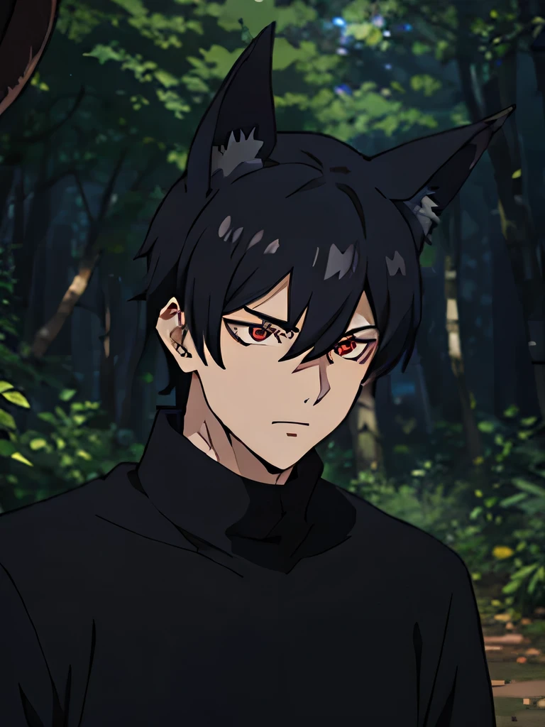 20 year old man , has large high-bodied , strong , tough , black hair color , red eye color, wearing a black shirt, wearing black robes, Clever, front facing , anime, HD, manipulatif, Criminals , cunning , wearing black blazer , cruel , strategist , forest background, evil laughing face , has bat ears