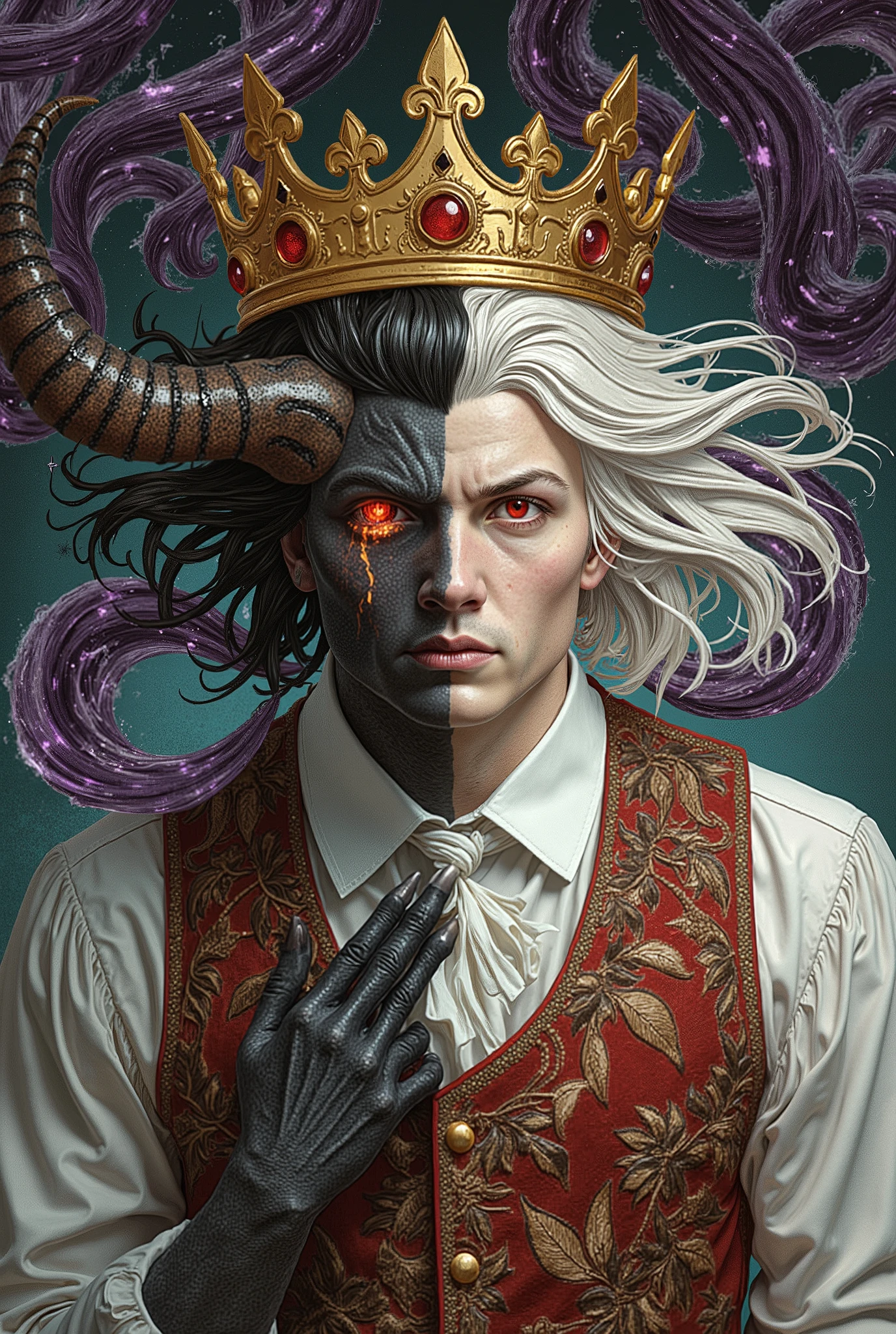 masterpiece, best quality, ultra-detailed, photorealistic depiction of a mysterious, otherworldly figure with a split appearance. The left side of his body is dark and demonic, with jet-black skin, sharp horns, and a glowing, fiery red eye that pierces through the shadowy atmosphere. The texture of his blackened skin is intricate, with subtle ridges and lines showing the depth of his demonic transformation. His right side, in stark contrast, is human, with pale white skin, a bright red eye, and flowing white hair that falls over his face in soft strands. His expression is intense and filled with dark power, and the emotion in his eyes is captured with photorealistic precision. A golden crown sits atop his head, its metallic surface catching the faint light from the swirling energy around him, with intricate detailing on each point of the crown, giving it a regal yet ominous appearance. His left hand, blackened and clawed, is raised to his face, as if concealing his expression, while tendrils of dark, purple and blue energy swirl around him, giving the sense that he is controlling some dark, ethereal force. The lighting in the scene is dramatic, with the dark side of his body cast in deep shadow, while the pale side is illuminated by a soft, eerie glow from the swirling energy. The contrast between the light and dark sides of his body is stark, emphasizing the duality of his nature. His clothing, a formal vest with intricate embroidery, reflects the light in subtle ways, showing the detailed textures of the fabric. The entire composition exudes power and mystery, with every element meticulously crafted to create a sense of foreboding and supernatural strength.
