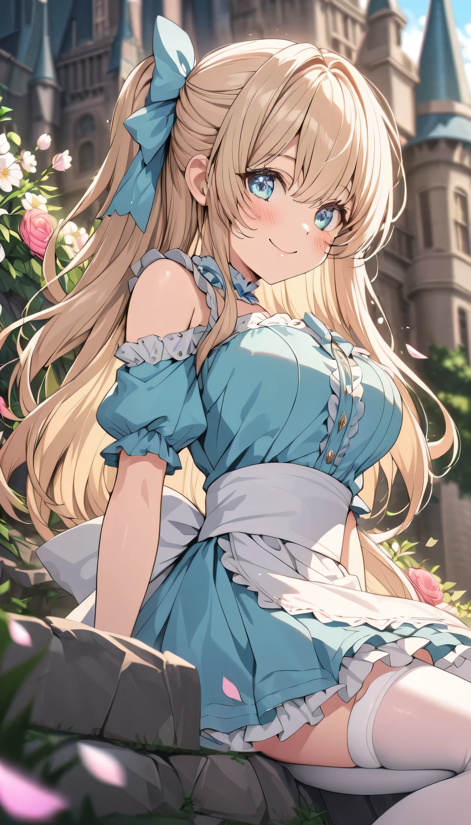 ((ultra-detailed)), (highly detailed CG illustration), (best quality:1.2), ultra-highly detailed, colorful composition, artistic photoshoot, 1girl, solo focus, ((thigh to top:1.4)), ((cowboy shot:1.4)), moe anime character, girl, dainty facial structure, (bab(round face), ((rounded chin:1.2)), ((ideal ratio body proportions)), celia-default, celia claire, alice, alice_in_wonderland, (blue eyes), sparkle eyes, blonde hair color, long hair, (half updo), ((Alice with her iconic hair ribbon)), ample breasts, white apron, blue dress, white pantyhose, happy smile, squatting, outdoor, petals glowing and fluttering, best quality, masterpiece, standing by the victorian garden with flowers, castle, beautiful detailed sky, from side, expecting, pink cheek, blush, light pink gloss slip, portrait, depth of field, soft lighting, sidelighting, (shine), lighting, caustics, ray tracing, smile, perfect face, lustrous skin, highly detailed face, highly detailed eyes, perfect face, perfect nose, perfect hair, perfect eyes, perfect anatomy, beautiful hair, beautiful small face, extremely detailed face, beautiful detailed eyes, beautiful clavicle, beautiful body, beautiful huge breasts, leavage, breasts squeezed together, equalize the size of the left and right breasts, beautiful thin thighs, beautiful legs, beautiful fingers, 4 fingers, 1 thumb, lovely, (very detailed background:1.0), (highly detailed background:1.0), spring aesthetic, intricate details, joyful atmosphere, spring colors palette, chromatic aberration