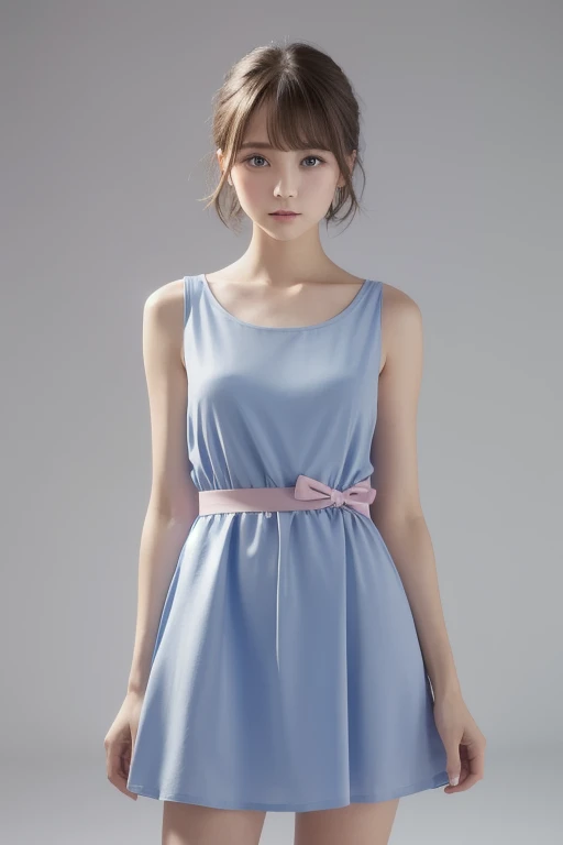 The girl is dressed in elegant attire,The delicate little face has not been whitewashed,Naturally,A smooth blue silk was casually tied by a short green towel,Just up to the waist,A gentle breeze blows,The green silk flutters,Stirring。At the girl's unbearable little man's waist,A light purple band,Put that graceful curve,Sketched to the fullest,4K masterpiece,Need