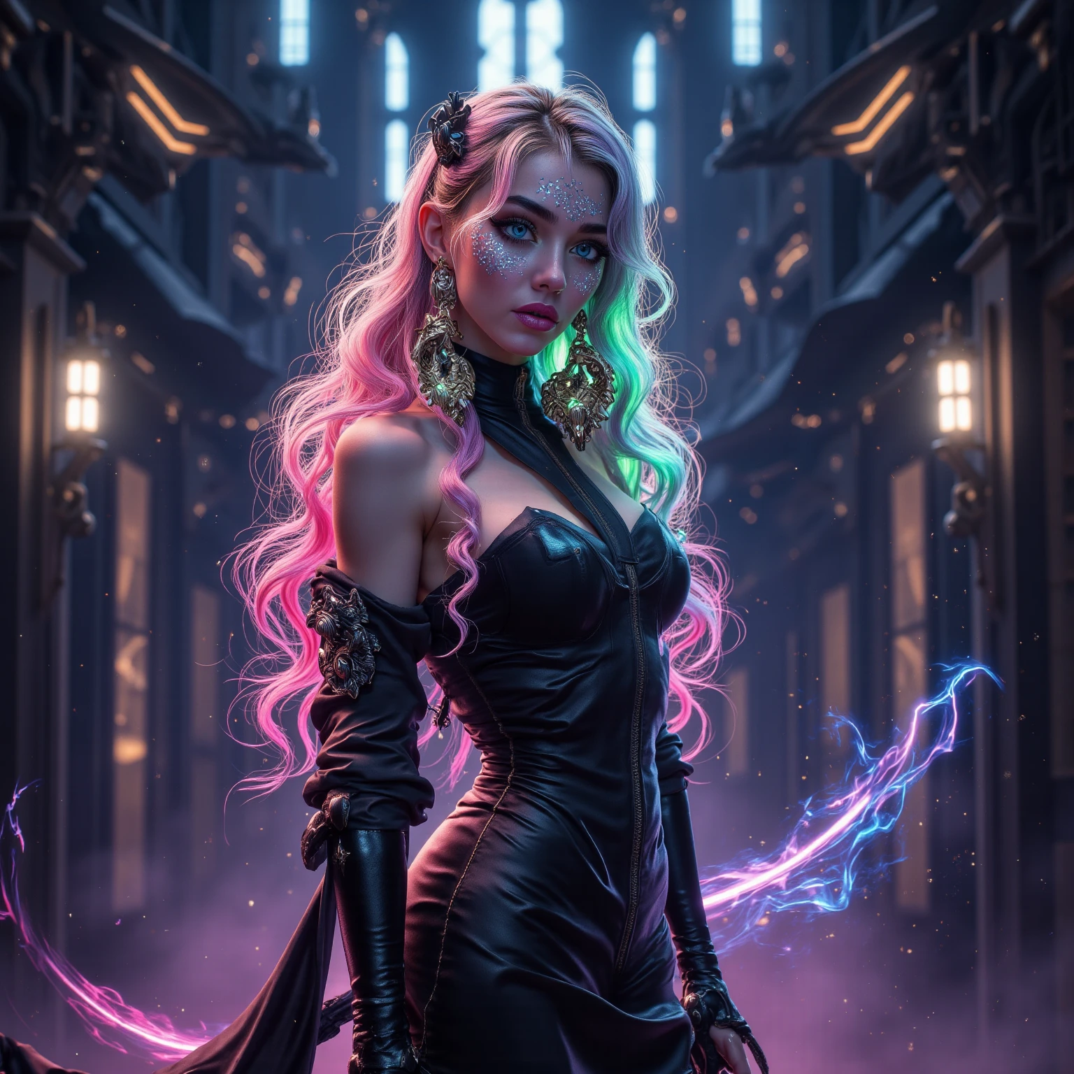Create a spellbinding digital artwork of a modern witch, clad in a shimmering, iridescent gown that billows like smoke, as she conjures a storm of cosmic energy against a neon cityscape backdrop, in the style of celestial punk, masterpiece artwork and superior high quality