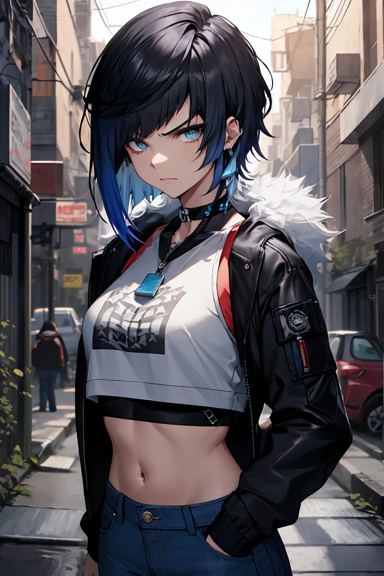 (((best qualtiy,tmasterpiece))),ighly detailed,complex,Beautiful and cool avant-garde((1girll)),solo,,Wear sleeveless cropped tops,choker necklace,Short jeans,Dystopian City Alley Contempt,scowling、modest chest, crop top, (gradient hair), black hair, blue hair, short hair, blue eyes, yelendef,