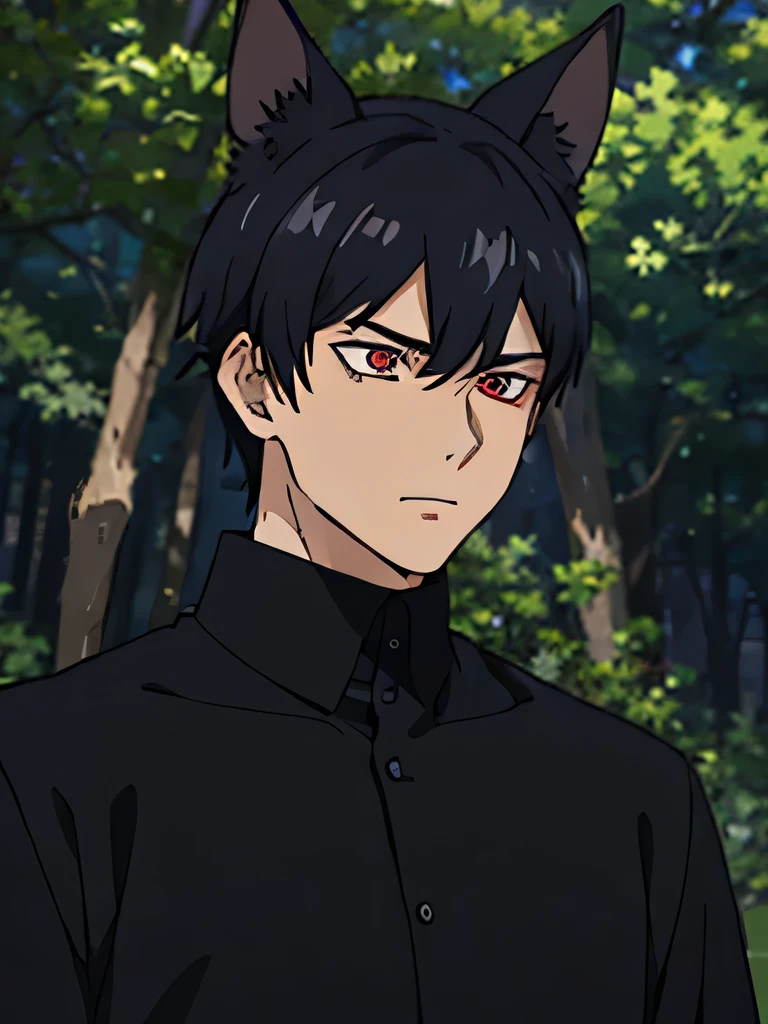 20 year old man , has large high-bodied , strong , tough , black hair color , red eye color, wearing a black shirt, wearing black robes, Clever, front facing , anime, HD, manipulatif, Criminals , cunning , wearing black blazer , cruel , strategist , forest background, evil laughing face , has bat ears