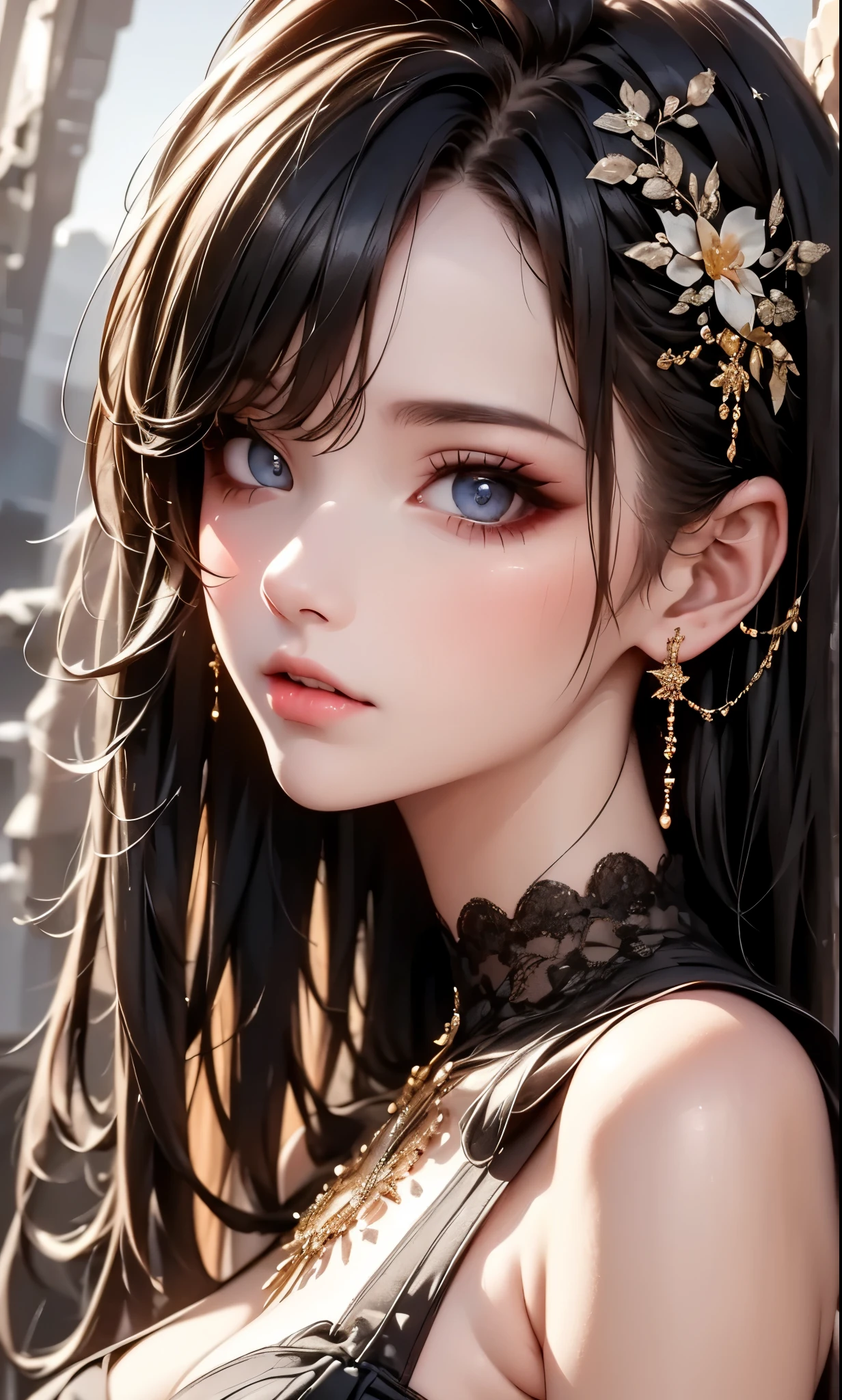 RAWphotograph, photograph, Realistic, 8K vivid photograph of a woman in nature, Super detailed, In detail, Dramatic Light, In detail beautiful eyes, Detailed skin, Depth of written boundary, Grey Eyes, ((black dress)), from side, cool girl face, beautiful eyes, face type, reika