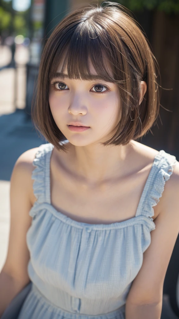 15 years old girl with short hair, adolable, Pink top.