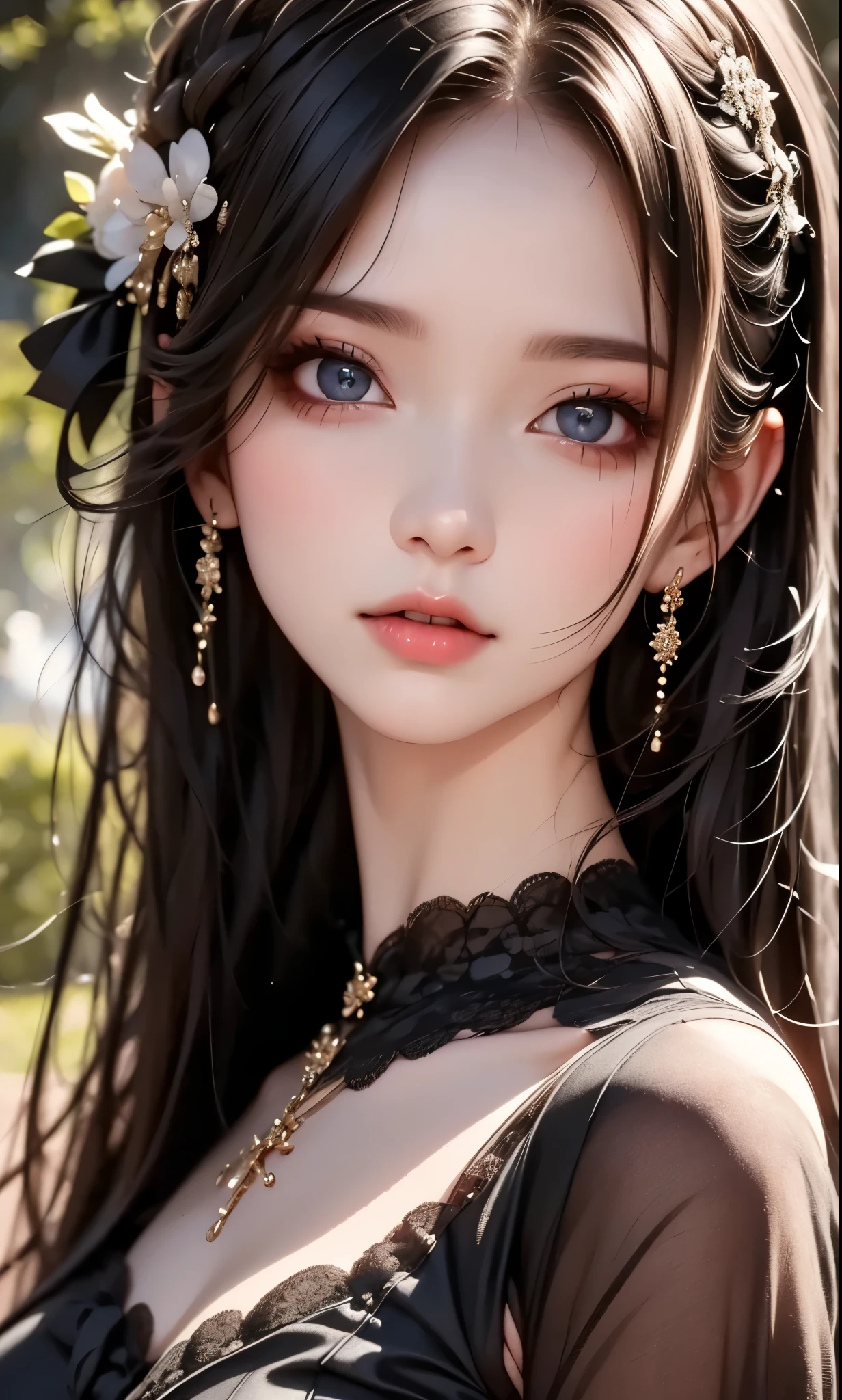 RAWphotograph, photograph, Realistic, 8K vivid photograph of a woman in nature, Super detailed, In detail, Dramatic Light, In detail beautiful eyes, Detailed skin, Depth of written boundary, Grey Eyes, ((black dress)), from side, cool girl face, beautiful eyes, face type, reika