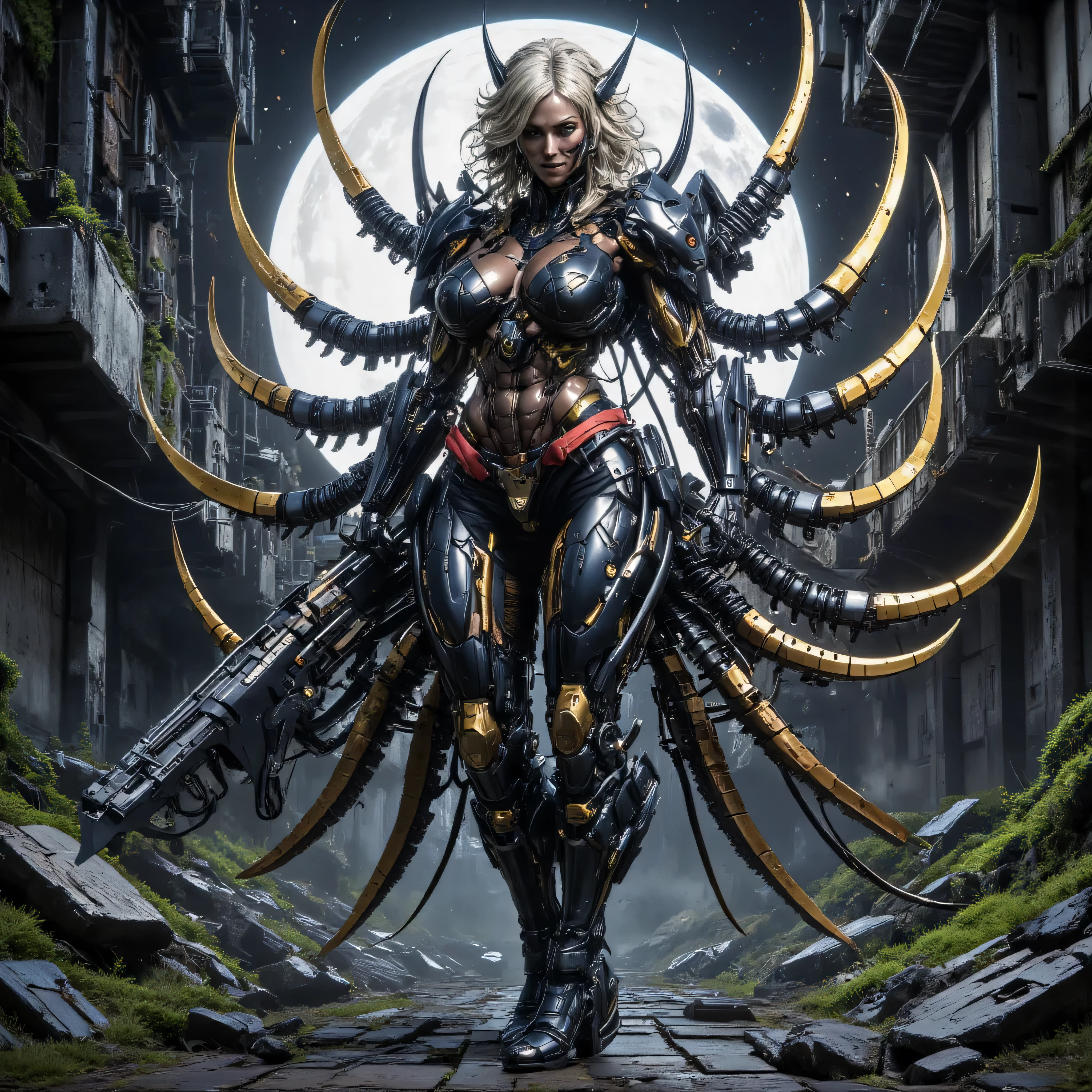 ((best quality)), (detailed), 1 japanese pornstar women fighter, 8k_wallpaper, extremely detailed eyes, (large masterpiece digital art), (intricate details:1.3 ), (ultra-detailed:1.3), (sharp focus:1.3), (natural lighting:1.05), (vivid colors:1.3), (best quality:1.4), expressive eyes, full body, detailed face, beautiful face, perfect face, ((blonde lush and thick curly hair)), (gold eyes), {{dark bronze skin}}, ({dark bronze skinned female}), (big breasts), huge chest, big wide ass, powerful relief muscles of the abdomen and legs, powerful strong muscles of the arms, Full body shot,Magical girl, Monster girl, Heterochromia, Highlights, Mechanical prosthesis, Martin boots, Chinese style, cyber monster girl Musume, she's wearing steel heavy armor of an amphibious cyber succub stormtrooper in the style of a steel dark blue and gold rhinoceros beetle with a dozen thin and flexible tails with cyber tips on the ends, dark pink neon veins, stormtrooper porn bitch, she smiles predatorily while a -mucus flows out of her mouth and runs down her chin, steel leather gloves, behind a backpack and an assault cyberpunk rifle, a wide red belt on which hangs a cyber walkie-talkie, heavy black boots, walking along a night street among the ruins of an old city overgrown with moss and vegetation under the cold lighting of the moon, ultra-realism, cinematics, 16k HD quality, post-apocalyptic, cyberpunk, dark and violent fantasy,