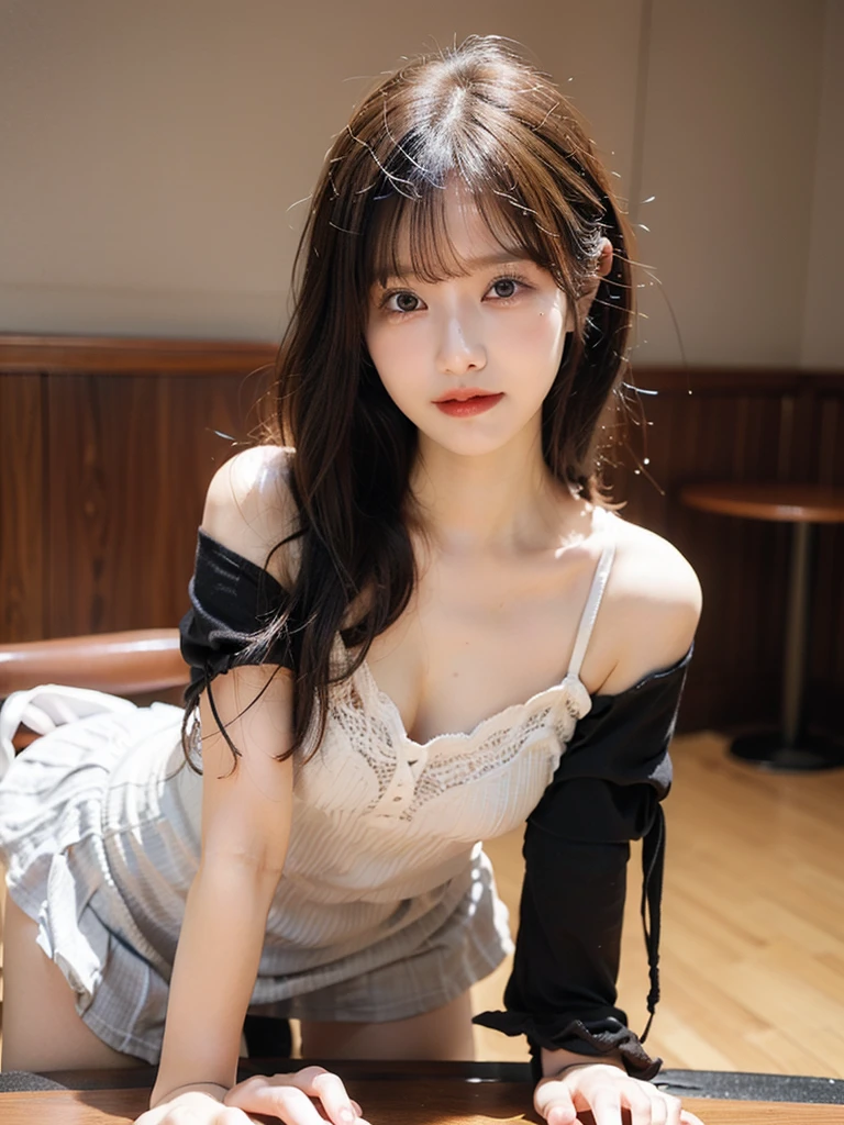1girl, woman, masterpiece, best quality, highest quality, cinematic lighting, (volumetric lighting), extremely detailed CG unity 8k wallpaper, focused, 8k wallpaper, extremely detailed, ultra realistic, photorealistic, sharp focus, absurdres, (HDR:1.2), (high contrast), photograph, detailed and intricate, instagram, portrait, highly detailed, digital painting, artstation, concept art, smooth, sharp focus, illustration, cinematic lighting, (tight breast), (whole body:1.3), white collar shirt, open shirt, open the button, open shoulder, show thigh, mini skirt, looking at the viewer, (I can't see hands), ((long hair))