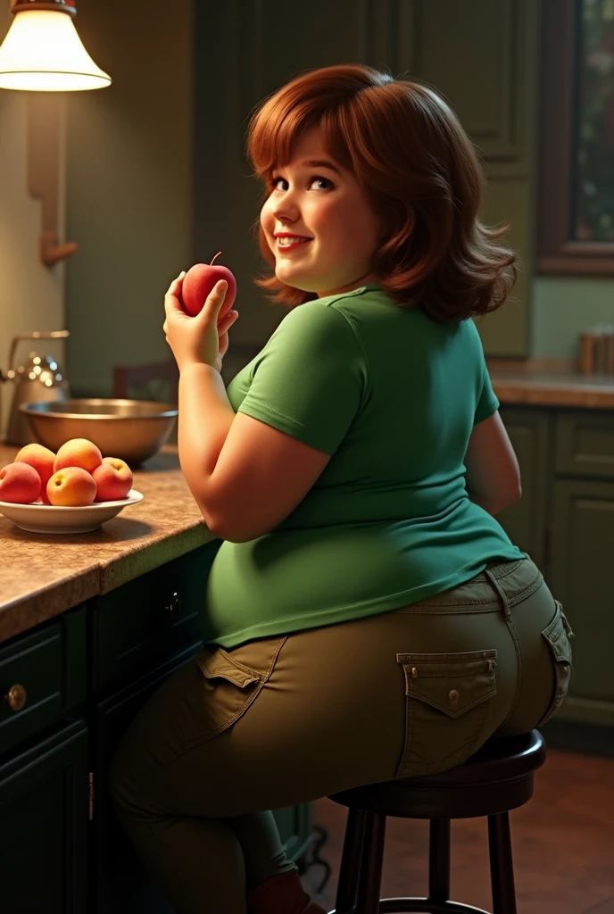 ((best quality)), ((masterpiece)), (detailed),  fat arms, sweatpants, (small breasts), chubby girl, slob, cake, pie, donuts, (distended), (love handles:1.2), ([kat dennings|Anne Hathaway|Natalie Portman]), flabby, (belly overhang), sweatpants, thick thighs,