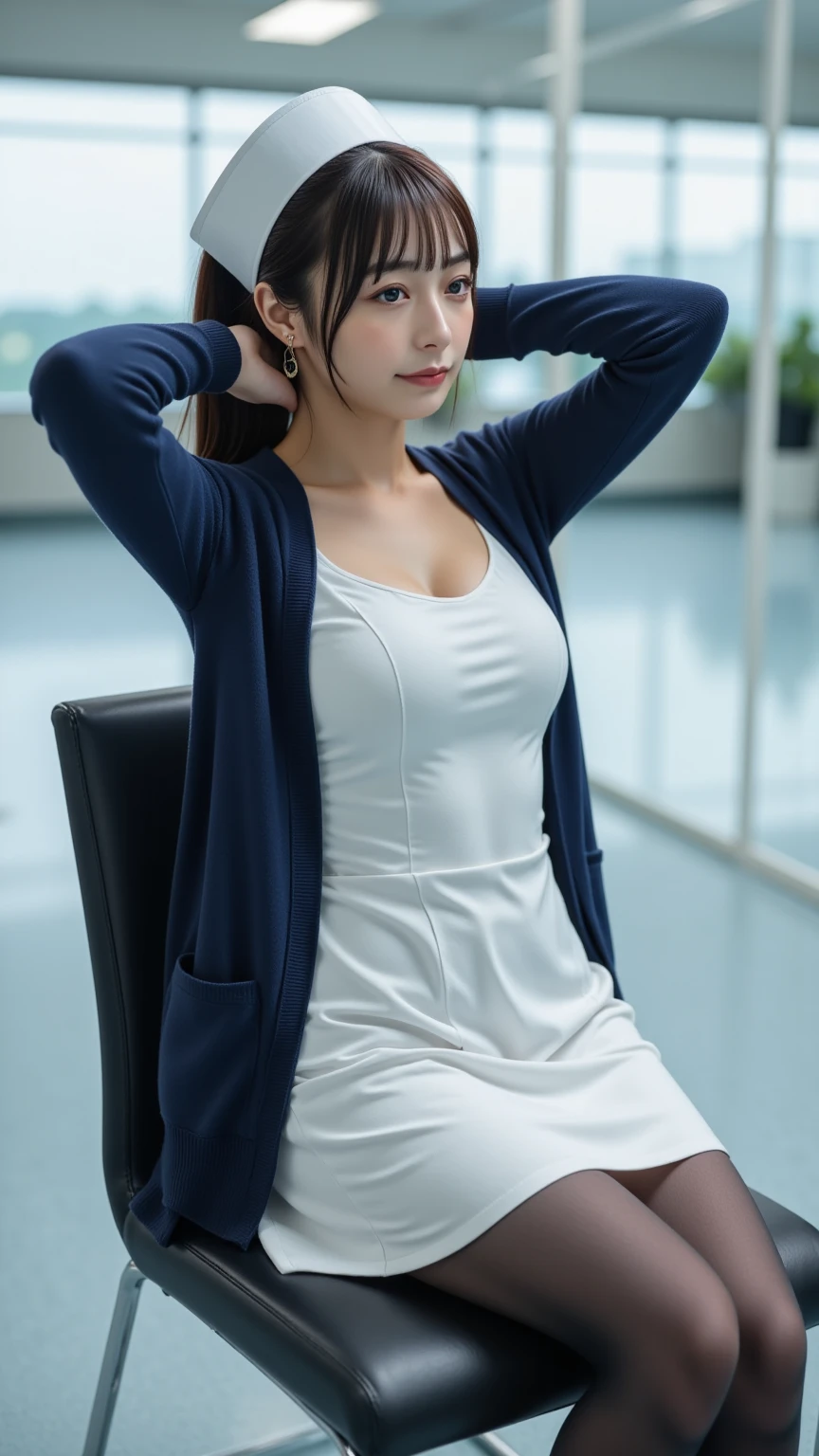 ((Best quality, 8k, Masterpiece :1.3)), Sharp focus :1.2, Korean sexy women. 37year's old. Skinny sexy body. Tight skin. Facial is clear((Short thin hair. Wearing glasses)).  ((Police uniform. Open cleavage)) Sit down. Thighs on thighs. At the police station_mix4, 20d, solo, photo-realistic:1.37