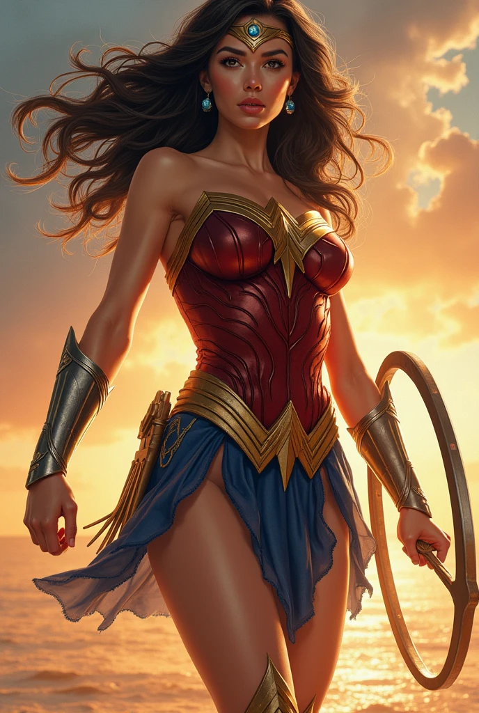 ((Full body photo, from below with feet on the ground)). Wonder Woman, (intricate details, makeup), (delicate and beautiful delicate face, delicate and beautiful delicate eyes, perfectly proportioned face), (realistically glowing skin: 1.0), delicate skin, strong and realistic blue eyes, realistic black hair, lips, makeup, natural skin texture, tiara, jewelry, star \(symbol\), leotard, bulletproof gauntlet, red boots, golden belt, (public clothing: 1.5), bare shoulders, slightly sunburned complexion, mature, sexy, Elasticity muscles, (muscles:1.2), ((strong and healthy body)), ((((more) muscles))), long legs, curves, (big breasts: 1.3), split, thin waist, soft waist, (delicate skin), (beautiful and sexy woman), (swollen lips: 0.9), (eyelashes: 1.2), very delicate muscles, perfect body, extremely exhibitionist, very tight on the body. ((standing on a church pylon, city background, night, city sign)). ((from head to toe, whole body)). Serious, clenched fist, fighting stance, 16K, high quality, high detail, award-winning high resolution, textured skin, anatomically accurate, masterpiece, accurate, UHD, (realistic and realistic photo: 1.37),