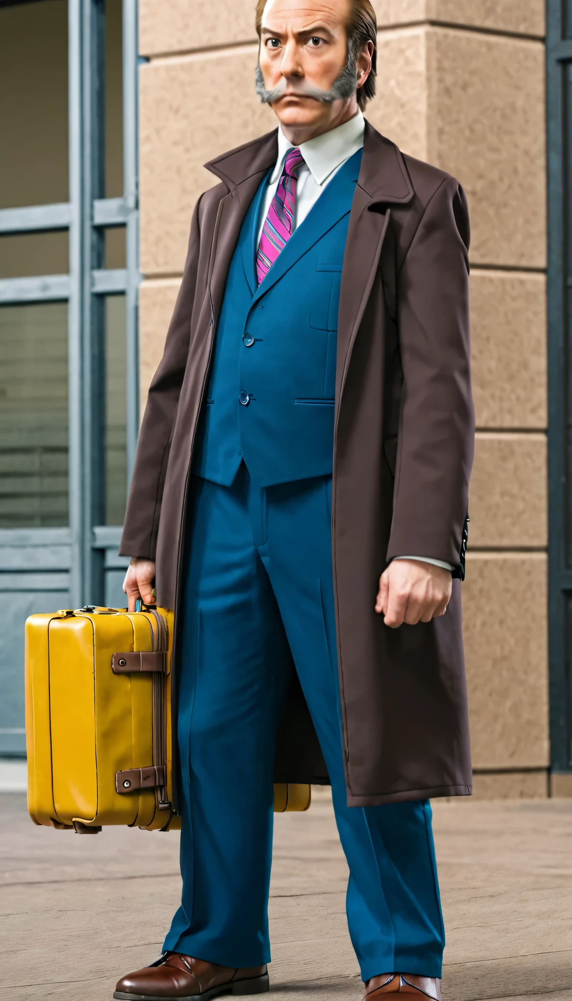 Man wearing a suit and tie and carrying a suitcase,  Saul Goodman in Ace Lawyer , Ace Attorney Style ,  in Phoenix Light Ace Attorney , PokemonRowan, photos,8k,3d, live-action, best quality