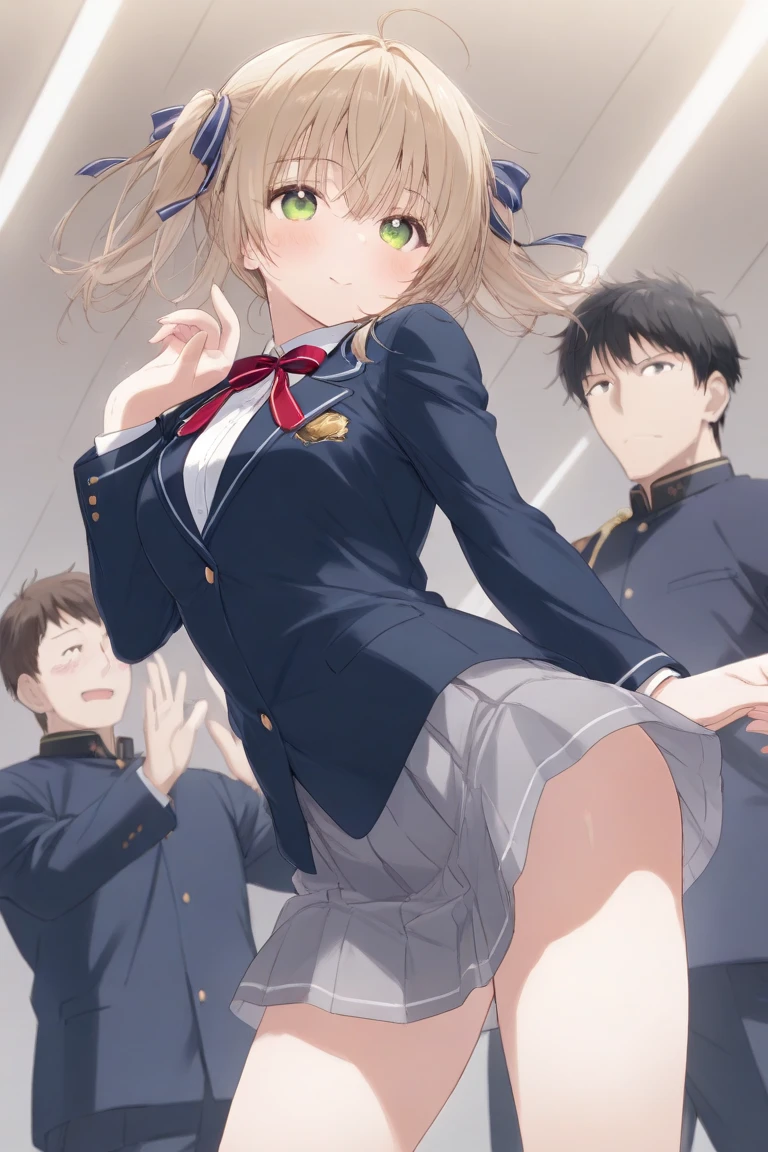 Blonde nudist girl running、Lots of close boys pressing their faces against each other、surround each other'duck mouth、Laughter and joy、longshot、Group Selfies、from side