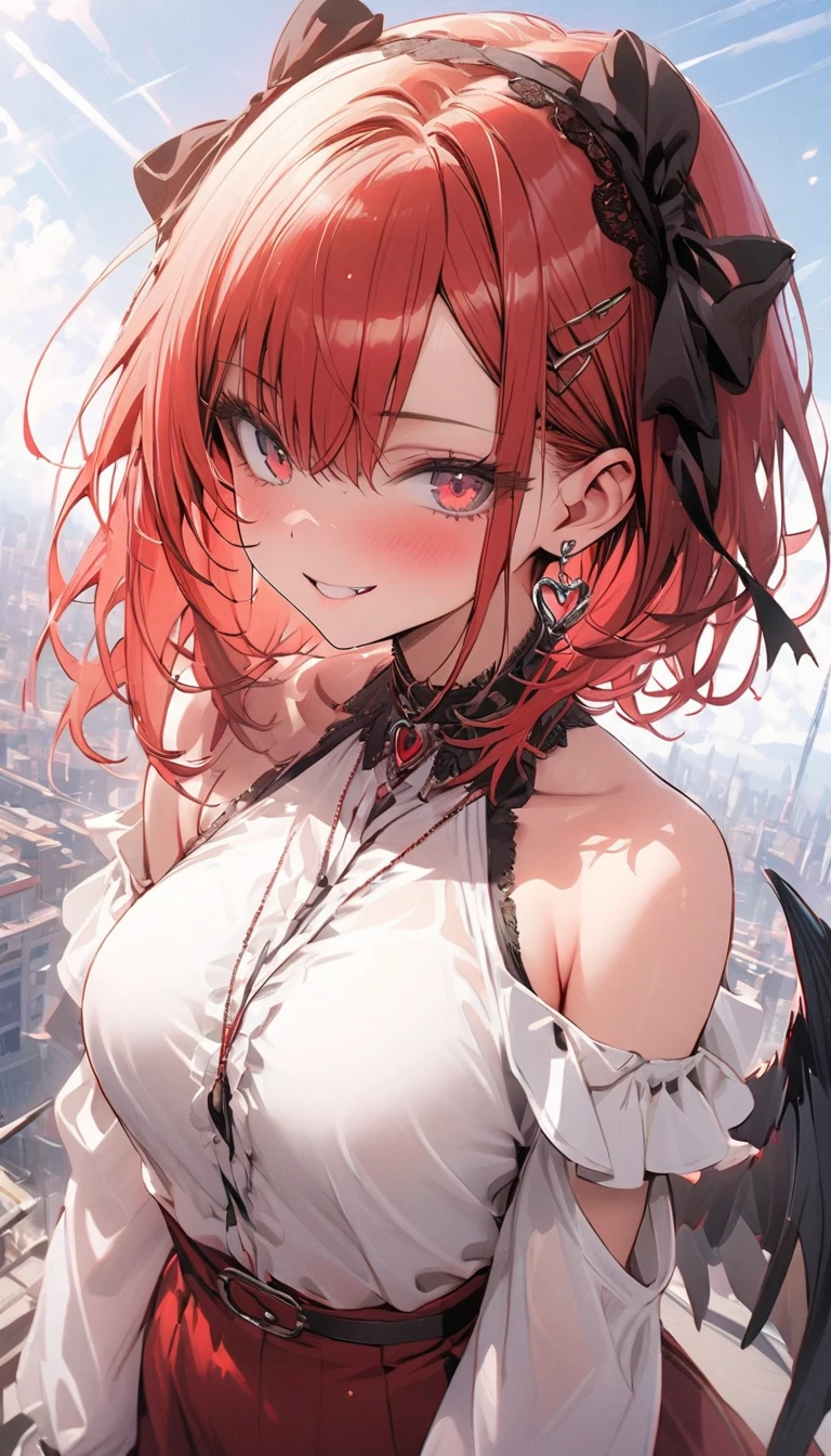 (Highest quality,High resolution,Very detailed,girl),Red hair,ponytail,Height: 150cm,cute,Black Eye,I'm wearing a red skirt,Her eyes are white and shining,Has bright white eyes,Has an embarrassed look on his face,