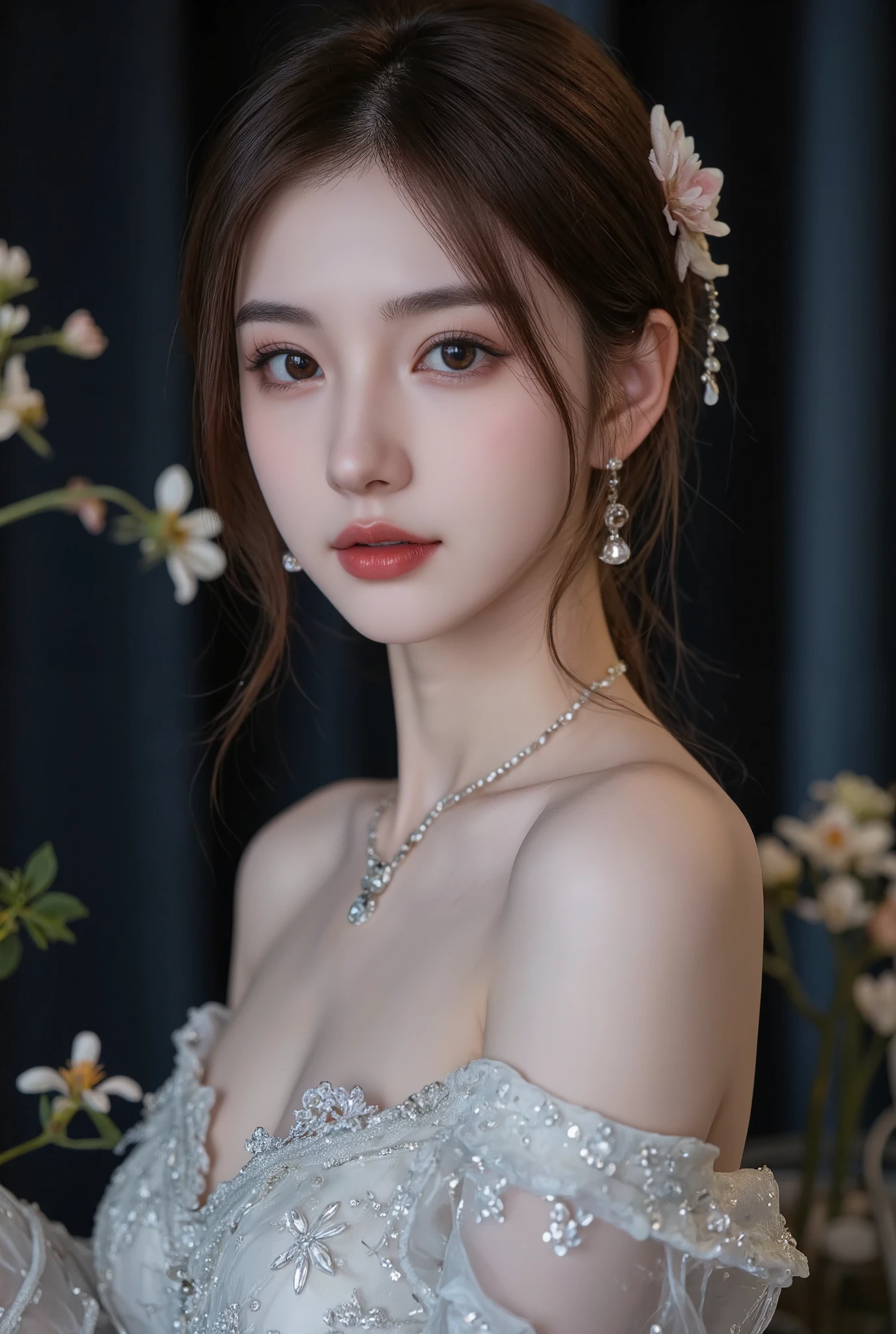 High-quality work，Realistic works，Super premium graphics，8K HD CG works，high quality graphics，High-definition and exquisite CG works，10x pixels，Ultra-fine details：1.1，Advanced technical details：1.1Realistic photo effects，Interior lighting effects：1.5，natural soft light：1.5. Light effect（Virtual light effects：1.8），ultra high resolution，shining dress，sliver long hair，silber hair，transparenthair，high detailed hair（Quality hair details：1.1）Clear eyes，Double eyelids look good，Sharp eye makeup, Create exquisite eyelash makeup, tthin eyebrows, Ultra-detailed eyes，a tall nose, lovely red lips, rosey cheeks, With delicate makeup on her face , pretty face, The face shape is perfectly proportioned,（Advanced facial details：1.1）Official art、Beautifully Aesthetic:1.2)、(1girl in)、ighly detailed、(Fractal Art:1.3)、colourfull、highestdetailed,(Poses in motion:1.4)、Detail Beautiful delicate face、Detail Beautiful delicate eyes、Very fine eye definition, (Symmetrical eyes:1.3),((Natural smile)),florals,pluma、image of goddess，Women's artwork，Dress full body video，Realism，Amazing Cleavage，My eyes are very bright today
