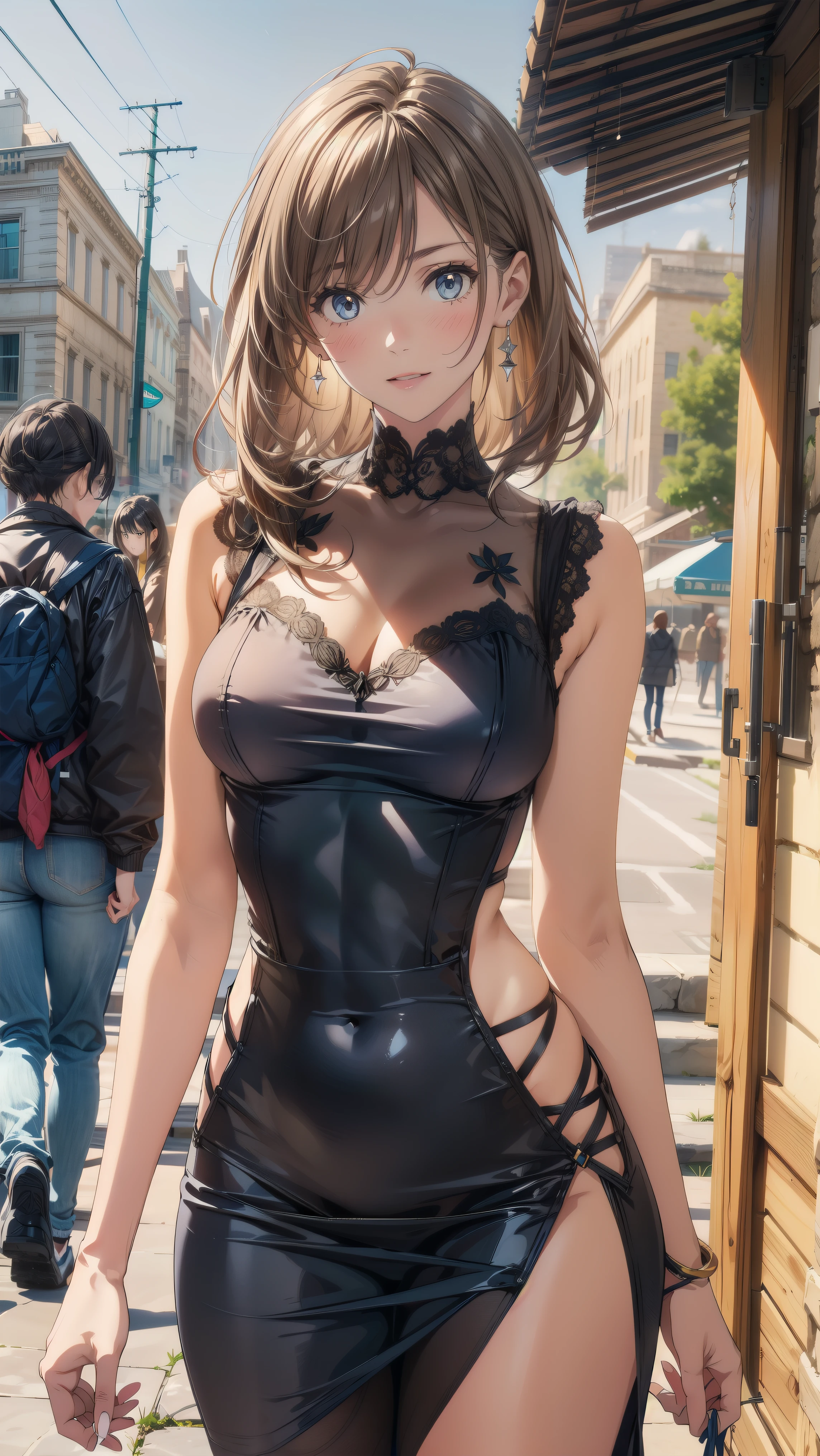 Anna in a black high-cut swimsuit standing in a dark forest, Magnificent style, Octane Rendering, Desert Composition, Beautiful Face, Surreal, Oil on canvas, Award-winning, masterpiece, Talked about at the art station, Studio Ghibli,Anna of Arendelle、Short Bob、Cowboy Shot、Solo