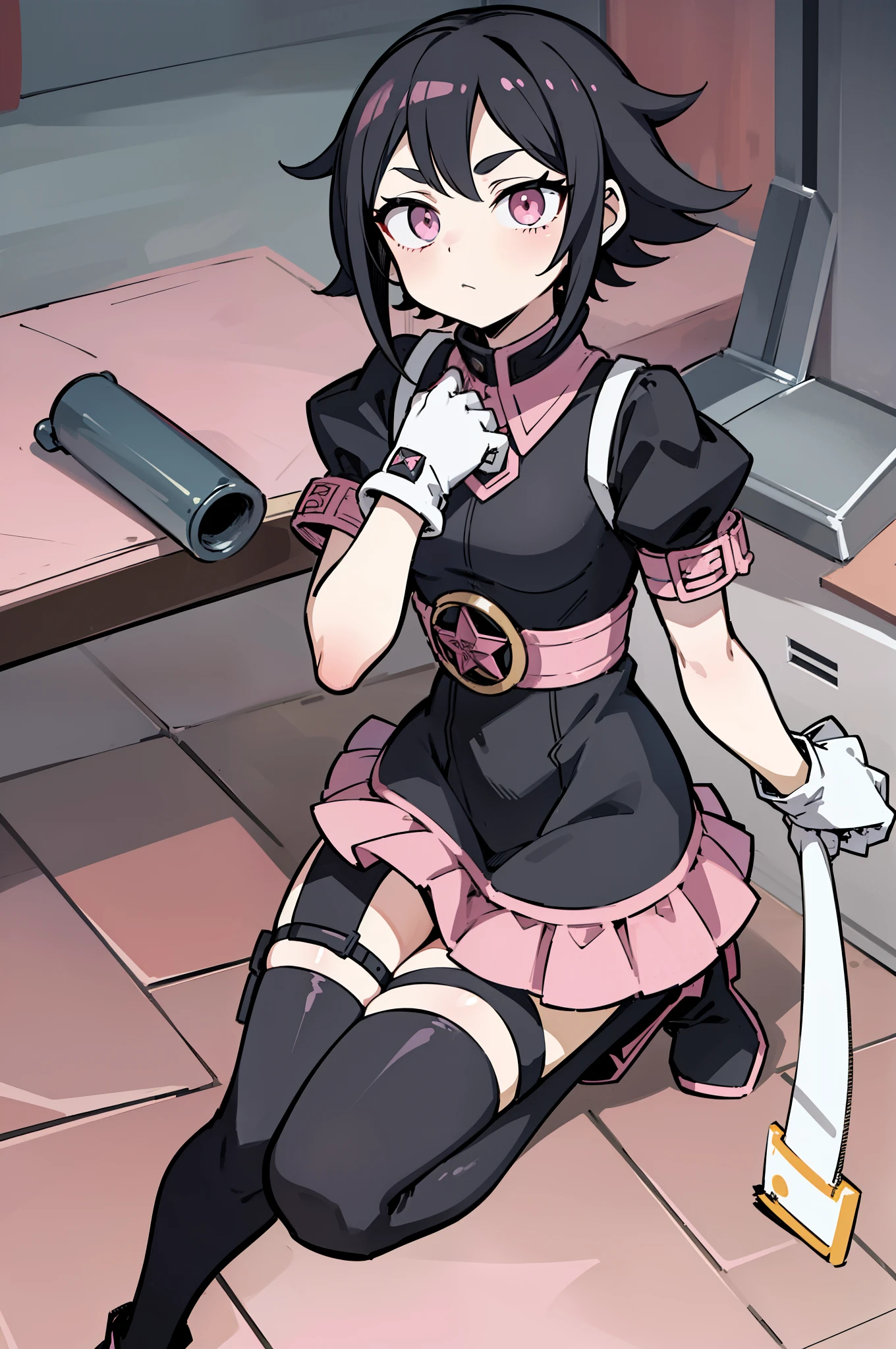 Estilo My Hero Academia, anime, female, quadris largos, coxas largas, peito grande, Black Starfire is a mysterious heroine from Boku no Hero Academia with long black hair and striking bangs.. Corpo musculoso. Olhos rosa. Her hero costume consists of an all-black outfit that is a short black dress with pink accents and a high collar and short sleeves., combinado com meias pretas e botas coturno de combate. She also wears black gloves that help channel her pink power.. She is a character from Boku no Gero Academia.