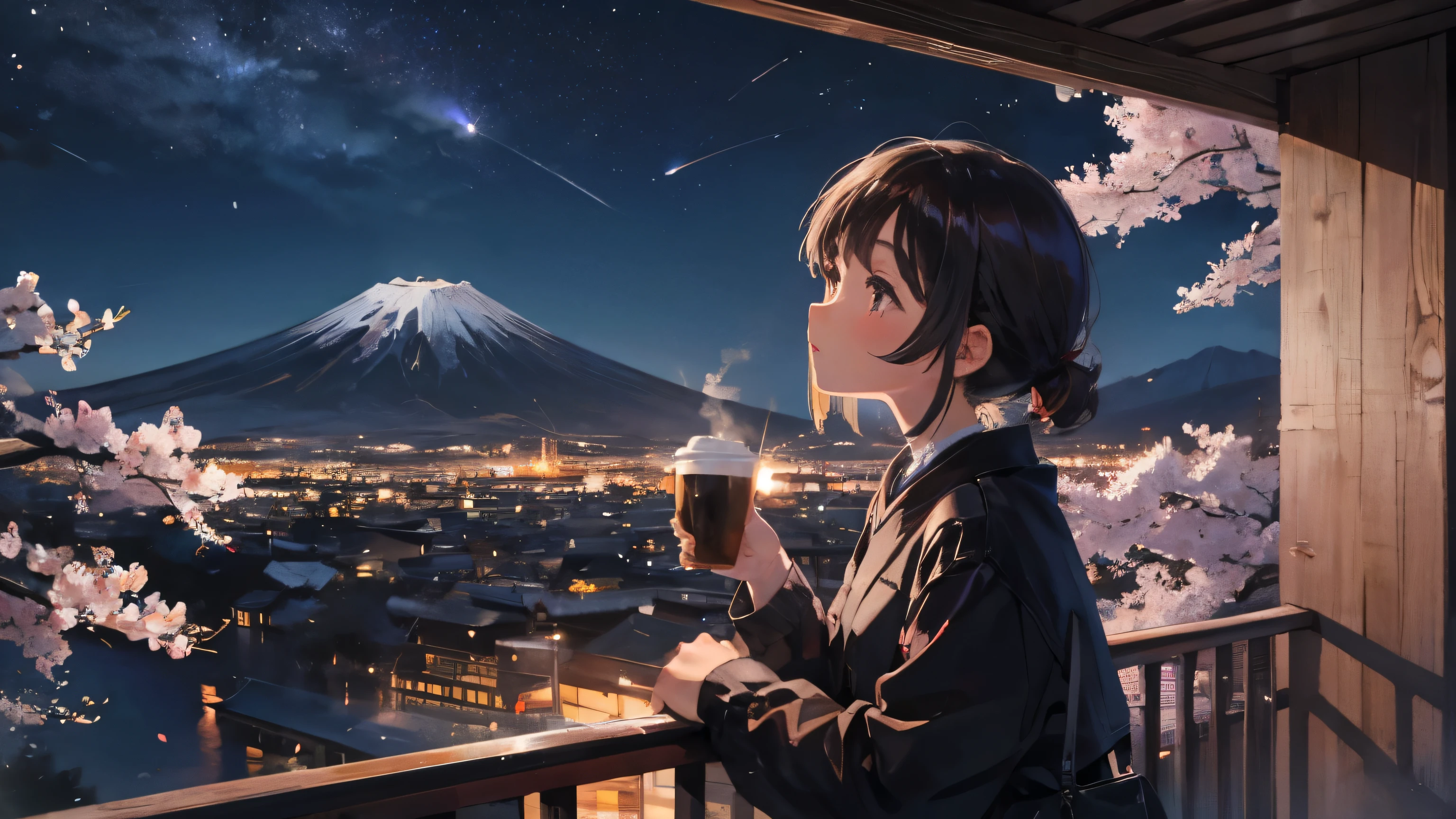 Girl drinking coffee on balcony and looking up at night sky with Mt. Fuji and cherry blossoms in the background