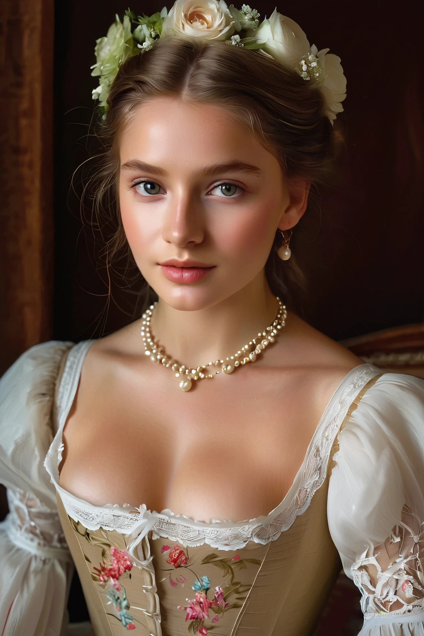 Portrait of a beautiful -yeld Gen girl in 19th-century Munich
: oil painting
beautiful detailed eyes , beautiful detailed lips, , extremely detailed eyes and face , long lashes
brown hair in intricate curls , stylized with a delicate floral hair accessory
elegant and luxurious dress in bright colors , the dress reveals the breasts , bare chest, decorated with delicate lace and embroidery
impeccably groomed hands , holding a bouquet of fresh flowers
soft and radiant skin , with a healthy rosy complexion
the subtle expression of youthful innocence and curiosity in her eyes
graceful posture and gentle smile, environment radiating timeless charm
faint sunlight , gently penetrating through a window , casting a warm glow on her face
impeccable attention to lighting and shadows , tool that emphasizes the girl's natural beauty
a rich and bright , capturing the elegance and luxury of 19th century Munich
subtle brush strokes and small details , demonstrating the artist's skill and mastery of a
( masterpiece:1.2), ultra-detailed , ( photorealistic :1.37), HDR, contract, professional
classic portrait style , color palette reminiscent of the great masters of that era
overall warm and inviting atmosphere , transporting the viewer to a bygone era