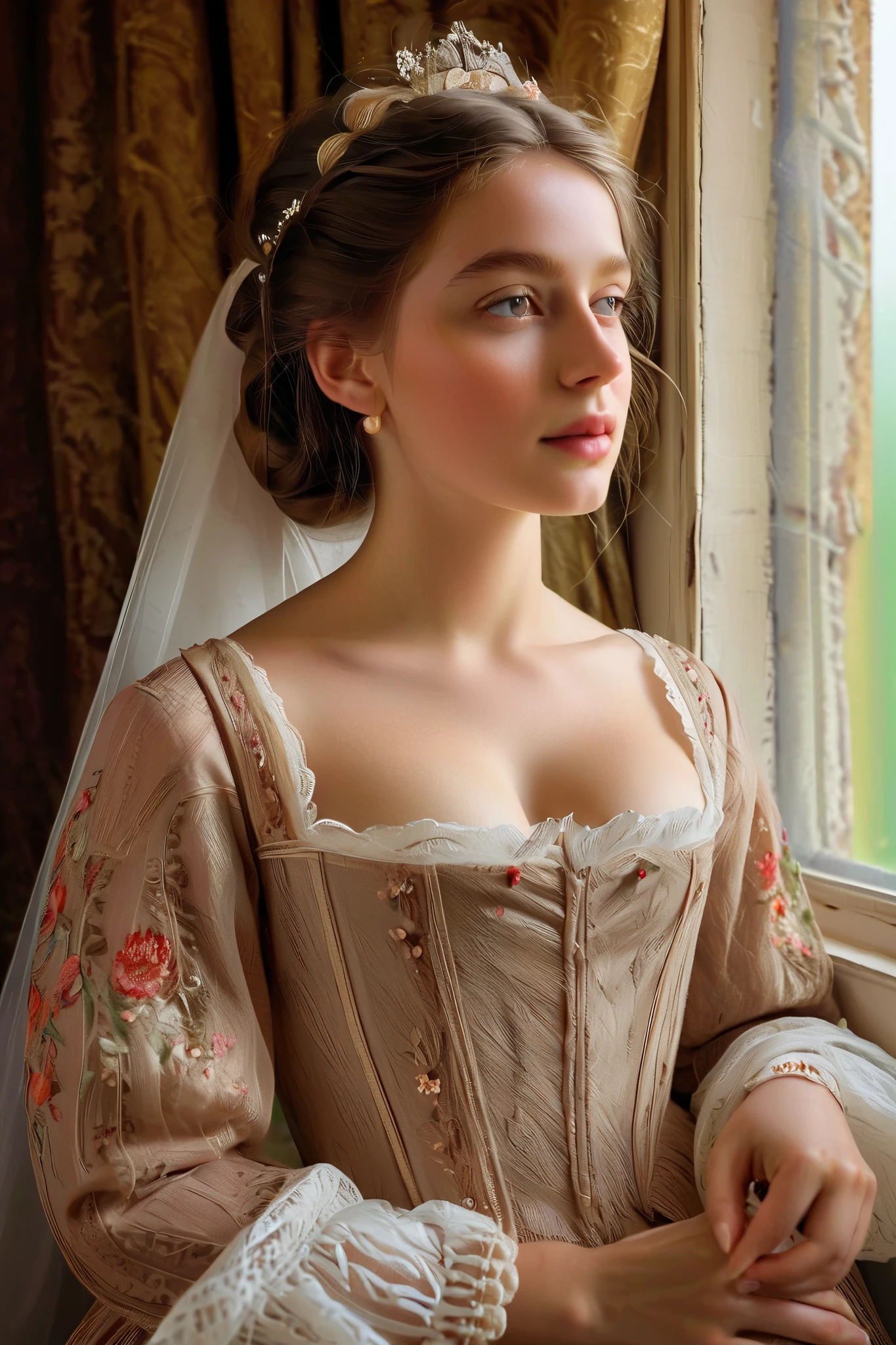 Portrait of a beautiful -yeld Gen girl in 19th-century Munich
: oil painting
beautiful detailed eyes , beautiful detailed lips, , extremely detailed eyes and face , long lashes
brown hair in intricate curls , stylized with a delicate floral hair accessory
elegant and luxurious dress in bright colors , the dress reveals the breasts , bare chest, decorated with delicate lace and embroidery
flawlessly groomed hands, holding a bouquet of fresh flowers
soft and radiant skin , with a healthy, rosy complexion
the subtle expression of youthful innocence and curiosity in her eyes
graceful posture and gentle smile, environment radiating timeless charm
faint sunlight , gently penetrating through a window , casting a warm glow on her face
impeccable attention to lighting and shadows , tool that emphasizes the girl's natural beauty
a rich and bright , capturing the elegance and luxury of 19th century Munich
subtle brush strokes and small details , demonstrating the artist's skill and mastery of a
( masterpiece:1.2), ultra-detailed , ( photorealistic :1.37), HDR, contract, professional
classic portrait style , color palette reminiscent of the great masters of that era
overall warm and inviting atmosphere , transporting the viewer to a bygone era