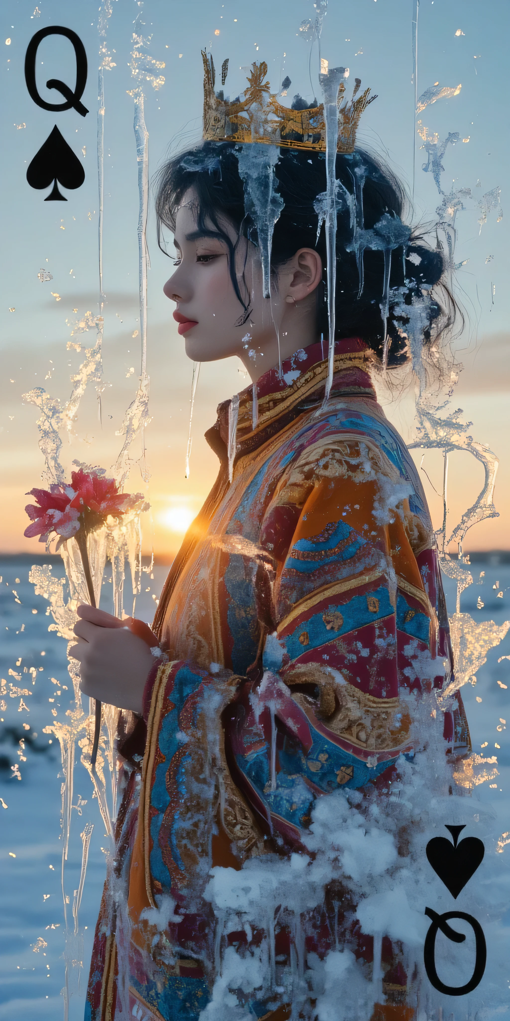 A silhouette composed of frozen ice crystals, double exposure of the face and body, The background is a dusk sky and sunset 。 Delicate icicles hanging from the veins in the foreground ,In the background, you can see a beautiful sunrise , create a surreal winter scene 。 Commercial Photography ,Beauty of the Ether ,Splashed ink background, The background is a dusk sky and sunset , a girl ,orange down jacket ,cute cashmere hat,winter,Snowfield,glowing petals,Gradient ,Rim Light,Light particles, Award-winning art ,Stylized, detailed illustration of Queen of Spades playing card, female figure wearing crown, dark blue and black curly hair, red and maroon, blue and gold patterned clothing, girl holding red flower, intricate detailing on clothing, Consisting of gold and tan rope-like patterns, flowers and other decorative elements, with a spade symbol on the card, (and a heart symbol on the other side of the card), the image is presented in a flat, outline graphic style, with bold colors and intricate patterns, Rich in details, Clear lines, decorative, saturated but not too bright colors, muted, retro aesthetic