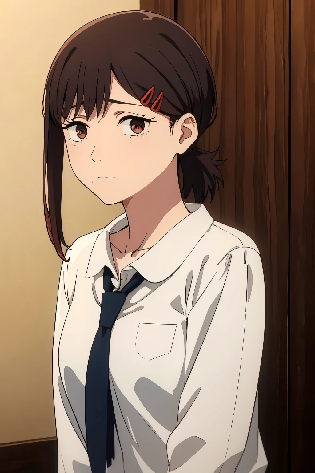 Hiyama Kobeni , hair ornament, red hair clip, 1 , alone, black hair, Short Ponytail , lifting shirt showing bra.