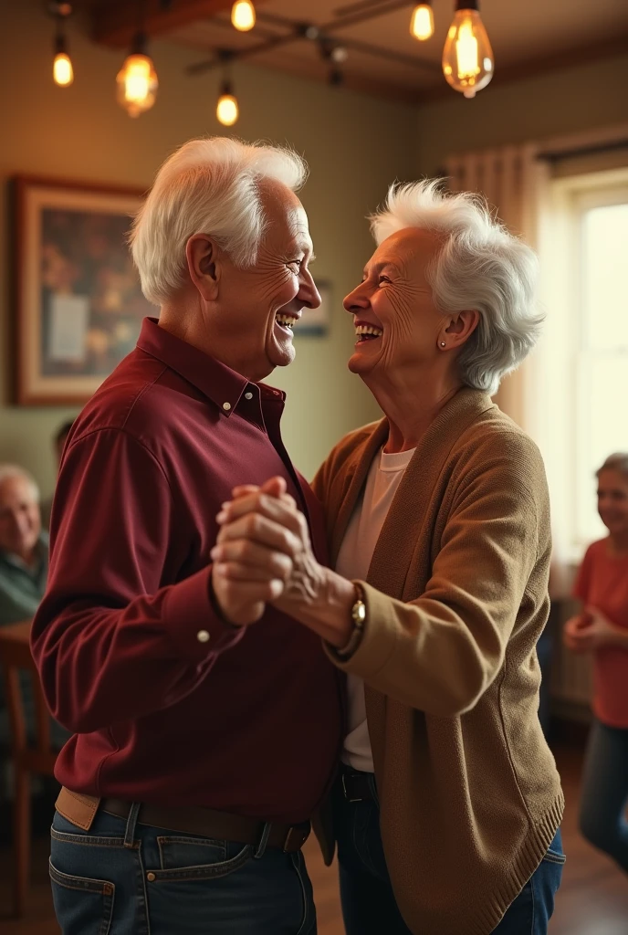 create image of an older white couple. they appear to be dancing. the lady has long flowing grey hair. the man has grey short hair. they are dressed casually in a living room setting, they are both laughing, the lighting is great