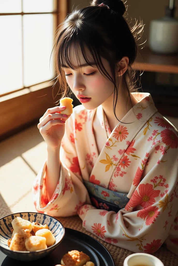 (( best quality)), ((傑 best quality、masterpiece、High sensitivity、 high resolution、 detailed depiction 、 depicting a delicate face))Slender Woman、Glasses、Sit on a kotatsu 、Eat mochi and eat 、Flower patterned kimono、Hairpin、