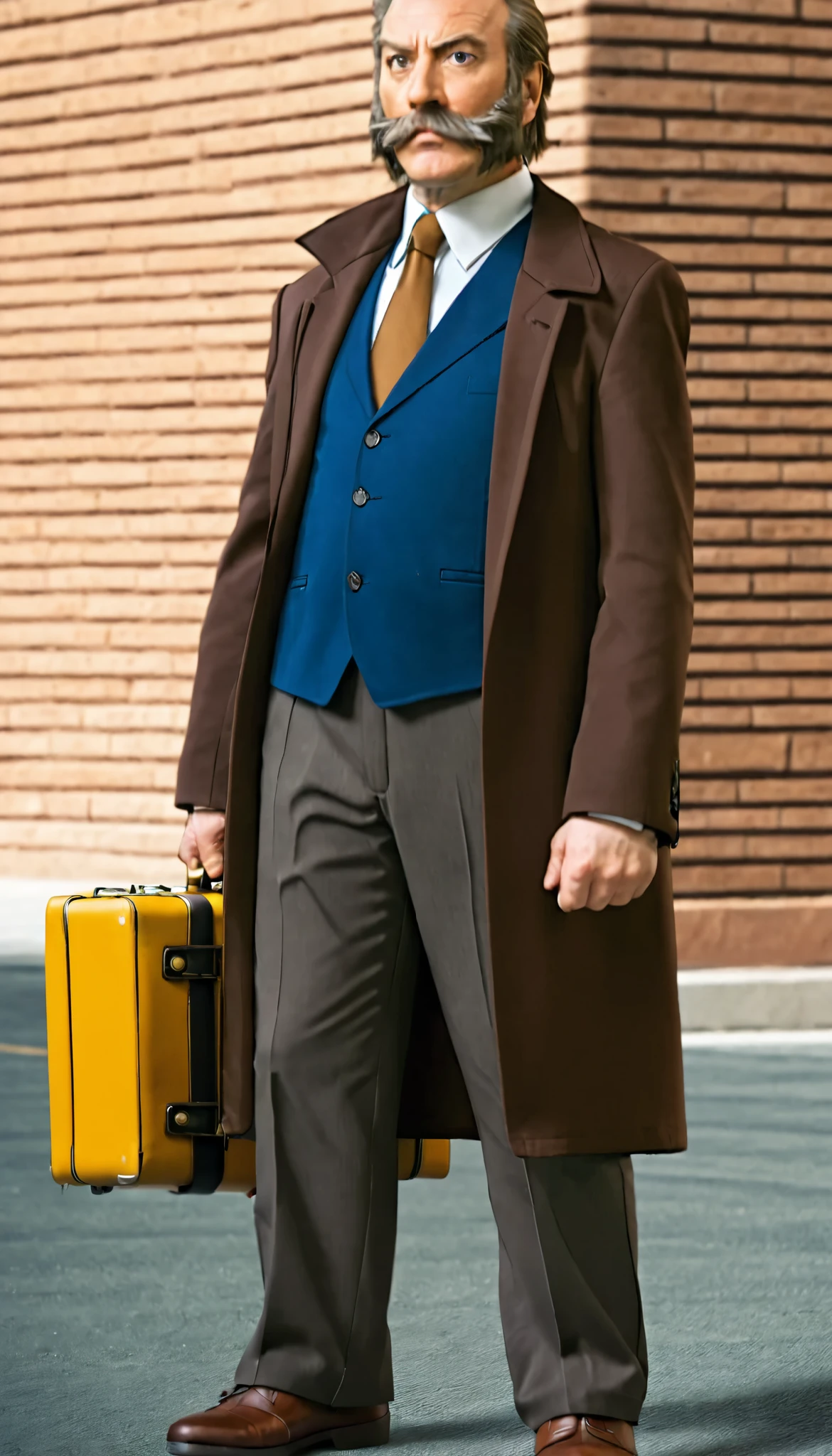 Kaiser bearded man wearing a suit and brown tie and carrying a suitcase,Brown trousers, Saul Goodman in Ace Lawyer , Ace Attorney Style , in Phoenix Light Ace Attorney , PokemonRowan, photos,8k,3d, live-action, best quality