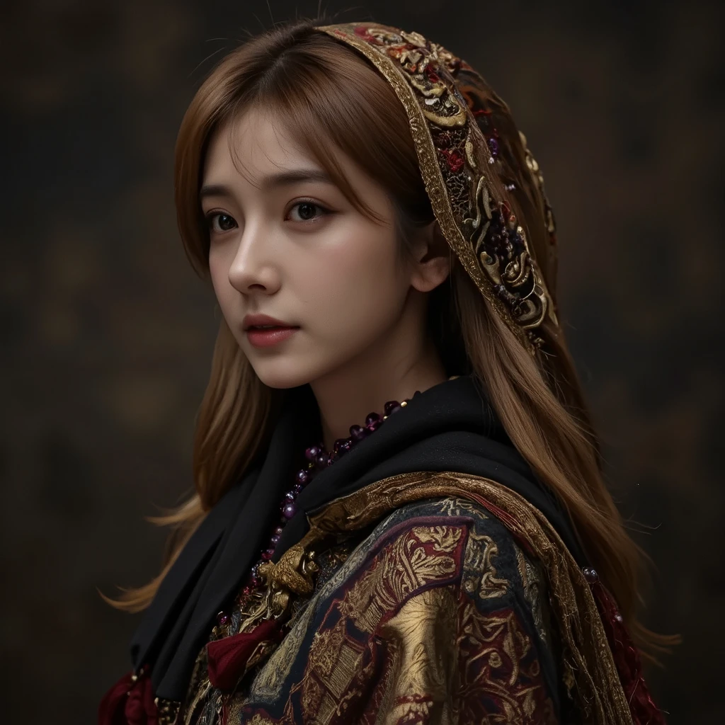 a realistic portrait ofSuper detailed high quality 32K resolution, A side-profile portrait of an asian woman dressed in luxurious medieval-inspired attire. Her soft, delicate features are illuminated by a gentle, warm light, emphasizing her composed and serene expression. Her hair, golden-brown and slightly wavy, falls gracefully around her face, with a woolen hood framing her head, embroidered with intricate geometric and floral patterns.
Clothing: She wears a richly detailed patchwork-style cloak, adorned with a variety of intricate designs inspired by medieval European textiles. The cloak features squares of muted colors such as earthy browns, golds, deep blues, and soft reds, each square containing unique motifs like floral vines, gothic arches, and abstract symbols. The edges of the cloak are decorated with long, finely woven tassels. Beneath the cloak, a scarf made of soft, dark fabric wraps around her neck, adding texture and warmth to her ensemble. A string of polished purple beads hangs around her neck, adding a subtle pop of color and a touch of elegance.
Accessories: Her look is minimal but refined, with no excessive jewelry to distract from the intricate patterns of her clothing. The only standout accessory is the beaded necklace, which complements her outfit perfectly.
Background: The background is softly blurred with shades of deep gray and muted browns, creating a neutral canvas that allows the detailed textures and colors of her clothing to take center stage. The lighting is soft and even, lending a timeless, painterly quality to the scene.
Style: Hyper-realistic with a focus on intricate textile details, blending the richness of medieval design with a modern sense of realism. Each thread of the fabric, fold of the scarf, and texture of her hair is rendered with stunning precision, creating an image that feels both historical and contemporary.
a beautiful blond hair woman