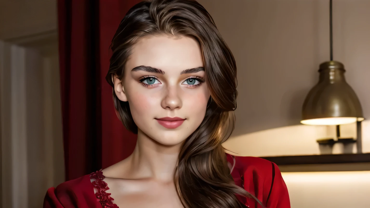 Julia a Beautiful Girl. 25 years old. in red gown. with romantic lighting