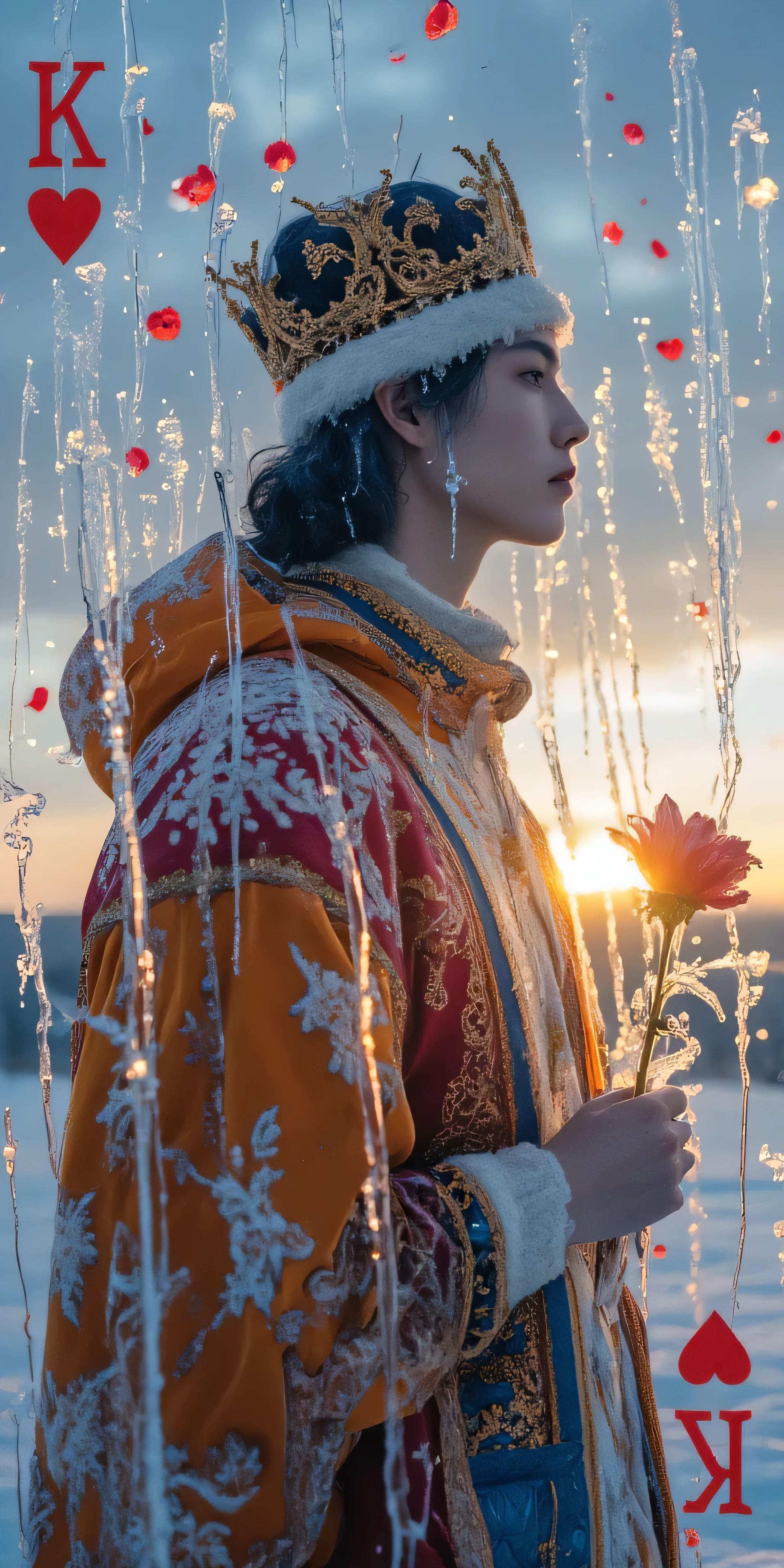 A silhouette composed of frozen ice crystals, double exposure of the face and body, The background is a dusk sky and sunset 。 Delicate icicles hanging from the veins in the foreground ,In the background, you can see a beautiful sunrise , create a surreal winter scene 。 Commercial Photography ,Beauty of the Ether ,Splashed ink background, The background is a dusk sky and sunset , a man,orange down jacket ,cute cashmere hat,winter,Snowfield,glowing petals,Gradient ,Rim Light,Light particles, Award-winning art ,Stylized, detailed illustration of king of hearts playing card, male figure wearing crown, dark blue and black curly hair, red and maroon, blue and gold patterned clothing, man holding red flower, intricate detailing on clothing, Consisting of gold and tan rope-like patterns, flowers and other decorative elements, with a heart symbol on the card, (and a heart symbol on the other side of the card), the image is presented in a flat, outline graphic style, with bold colors and intricate patterns, Rich in details, Clear lines, decorative, saturated but not too bright colors, muted, retro aesthetic
