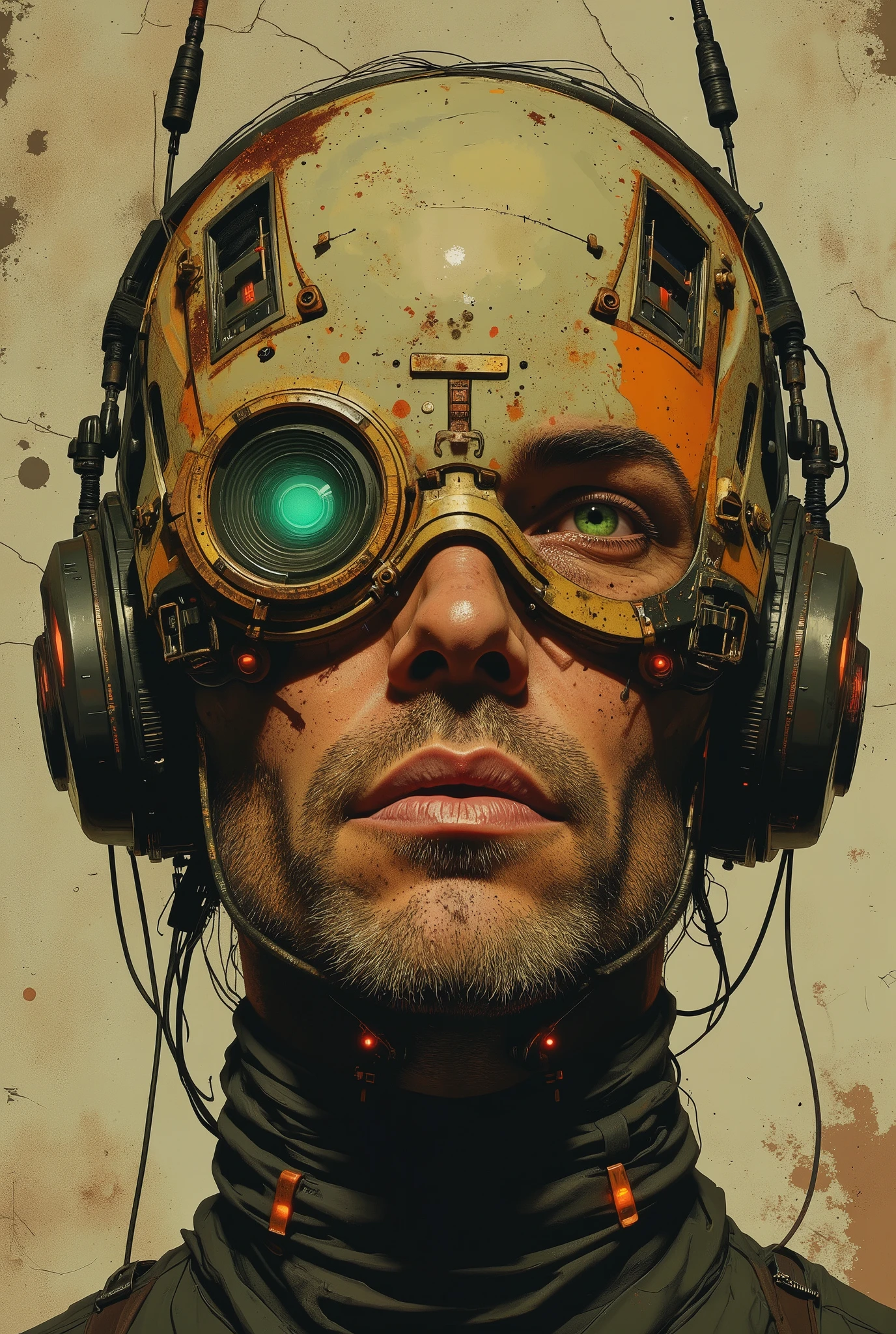Cyberpunk digital close-up painting depicting the face of a futuristic character (a man in his 40s), (slightly turned to the right). The character's face is partially hidden by a complex cybernetic headdress made of weathered metal with complex mechanical components. The headdress contains various technological elements, including circular and spiral patterns, lenses, grooves, screws and electronic circuit boards, neon-colored diodes, some of which have an oxidized, rusty appearance. Bare wires extend from the headdress, connecting to the neck and torso of the character. The left eye with a bright greenish-blue iris is visible through a hole in the headdress. The character's skin is masculine, weathered and pale, with stubble and scars on his cheeks, which contrasts with the mechanical nature of the headdress. The character's slightly parted lips, dry and chapped, have a well-defined masculine shape. The background consists of a beige surface with a cracked, rough texture that creates an aged appearance and bears traces of time. The light falls from above. The soft and uniform lighting highlights the details of the cybernetic enhancements while maintaining a neutral mood. The color palette includes burnt orange, greenish-blue, golden yellow, rusty brown and dark gray, which provides high contrast and saturation. The overall composition emphasizes the fusion of man and machine, creating a futuristic cybernetic aesthetic thanks to balanced and neutral white lighting.  The style is digital art, cyberpunk.