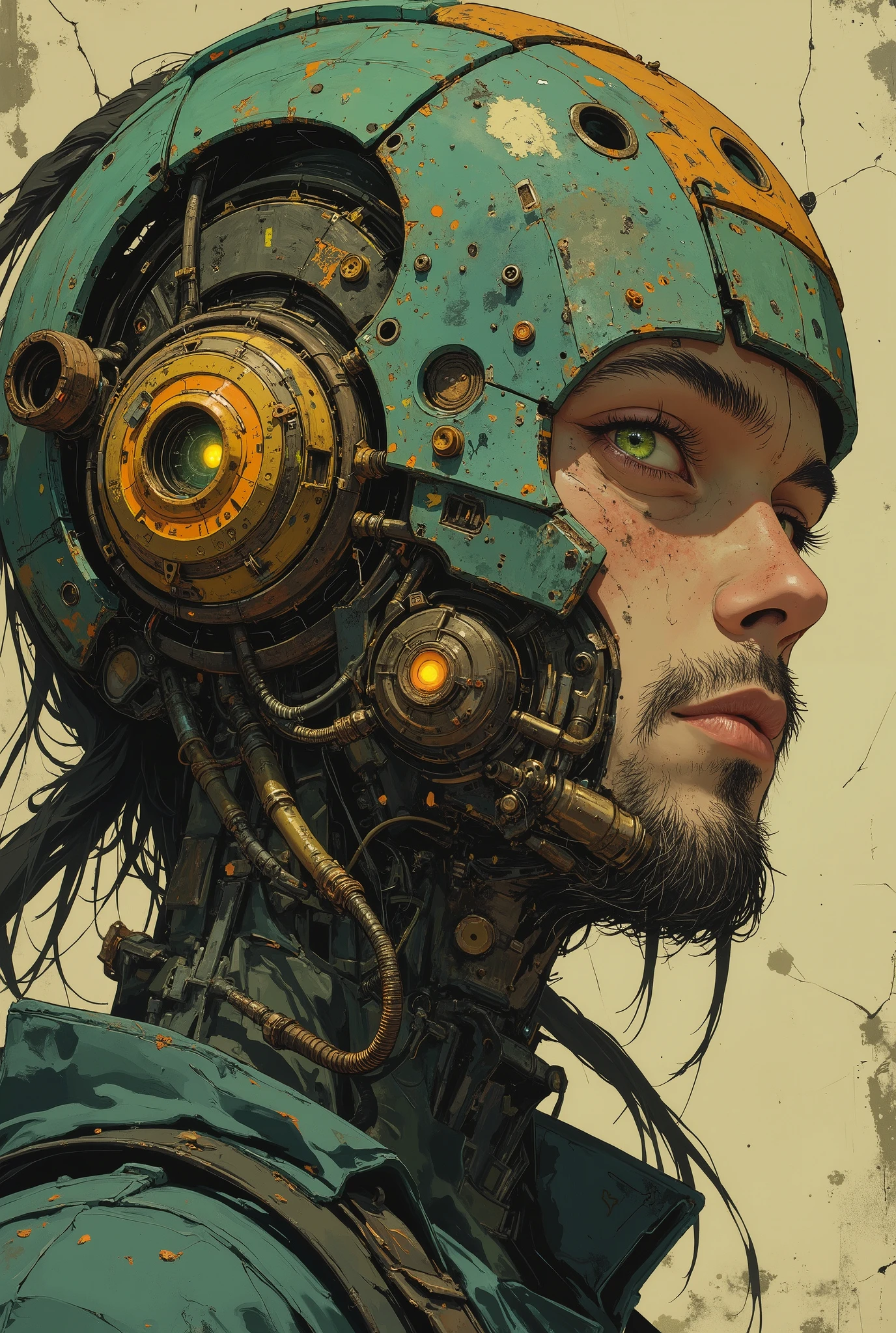 A cyberpunk digital close-up painting depicting the face of a futuristic character ((a man in his 40s)), slightly turned to the right. The character's face is partially hidden by a complex cybernetic headdress made of weathered turquoise metal with complex mechanical components. The headdress is decorated with various technological elements, including round and spiral patterns, yellow lenses or eyes, grooves, screws and wires, some of which have a rusty appearance. Bare wires extend from the headdress, connecting to the neck and torso of the character. The left eye with a bright greenish-blue iris is visible through a hole in the headdress. The character's skin is masculine, weathered and pale, with stubble and scars and scars on his cheeks, which contrasts with the mechanical nature of the headdress. The character's slightly parted lips are dry and chapped, and have a well-defined masculine shape. The background consists of a beige surface with a cracked, rough texture, creating an aged and worn look. The soft and uniform lighting highlights the details of the cybernetic enhancements while maintaining a neutral mood. The color palette includes burnt orange, greenish-blue, golden yellow, rusty brown and dark gray, which provides high contrast and saturation. The overall composition emphasizes the fusion of man and machine, creating a futuristic cybernetic aesthetic thanks to balanced and neutral white lighting. The style is digital art, cyberpunk.
