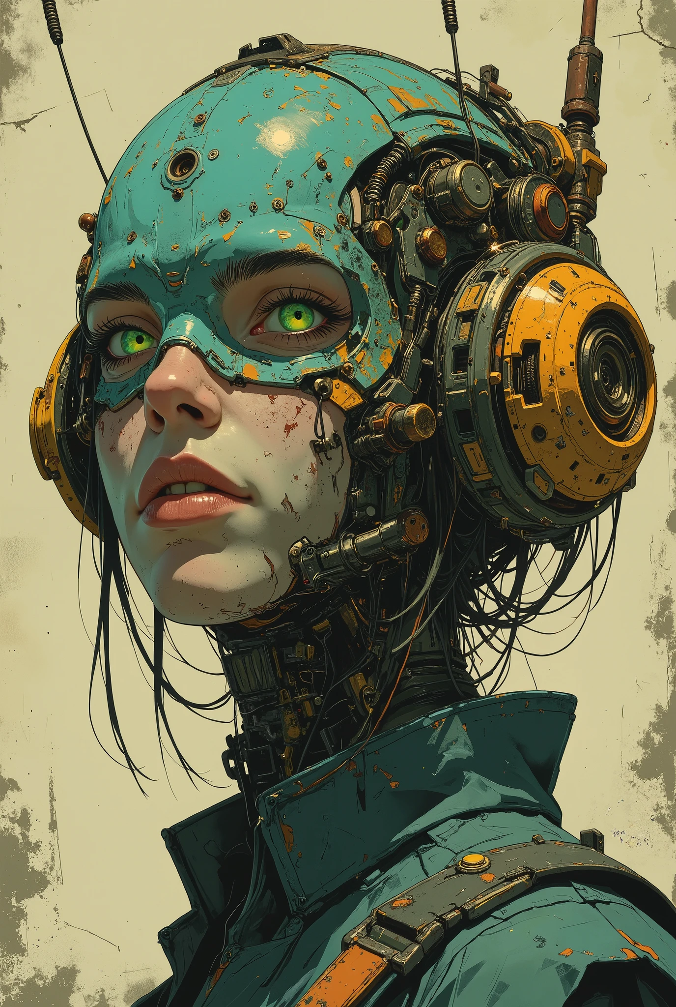 A cyberpunk digital close-up painting depicting the face of a futuristic character (a man in his 40s), slightly turned to the right. The character's face is partially hidden by a complex cybernetic headdress made of weathered turquoise metal with complex mechanical components. The headdress is decorated with various technological elements, including round and spiral patterns, yellow lenses or eyes, grooves, screws and wires, some of which have a rusty appearance. Bare wires extend from the headdress, connecting to the neck and torso of the character. The left eye with a bright greenish-blue iris is visible through a hole in the headdress. The character's skin is masculine, weathered and pale, with stubble and scars and scars on his cheeks, which contrasts with the mechanical nature of the headdress. The character's slightly parted lips are dry and chapped, and have a well-defined masculine shape. The background consists of a beige surface with a cracked, rough texture, creating an aged and worn look. The soft and uniform lighting highlights the details of the cybernetic enhancements while maintaining a neutral mood. The color palette includes burnt orange, greenish-blue, golden yellow, rusty brown and dark gray, which provides high contrast and saturation. The overall composition emphasizes the fusion of man and machine, creating a futuristic cybernetic aesthetic thanks to balanced and neutral white lighting.