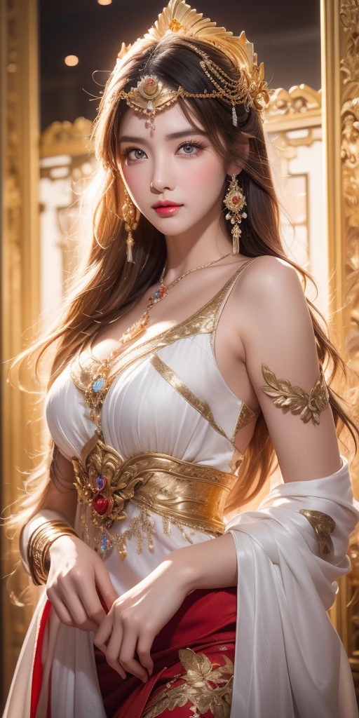 a woman in an ancient Greek or mythological setting, adorned with gold jewelry and wearing a white skirt. She is posed reclining on a luxurious surface with two lions beside her. The background has ornate designs, contributing to the opulent and regal atmosphere. The lighting is warm and dramatic, enhancing the ethereal and majestic feel of the scene. The woman’s attire and the presence of lions suggest a depiction of a figure of power or divinity, reminiscent of a queen or goddess from ancient times, elegance pose , medium long shot
