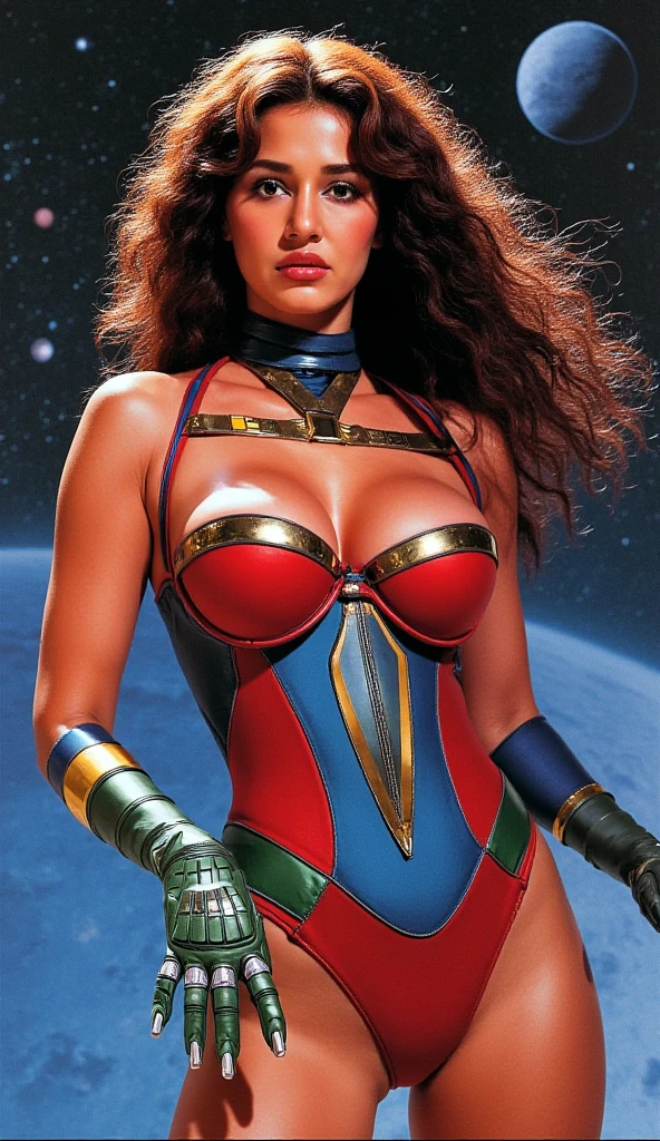 Alison Tyler vestindo um traje espacial justo branco com detalhes em vermelho futurista cybberpunk, while flying through space on a surfboard. (((corpo inteiro))) no painel de quadrinhos, corpo todo, bold lineart illustration comics, olhos azuis sedutores, parted lips, Corpo perfeito, curved, Fitness, nsfw, ao estilo de Adam Hughes, (((obra prima))), (((adulto))) Explore retro-futuristic aesthetics, highlighting your confidence and skill. big city night, Blade Runner